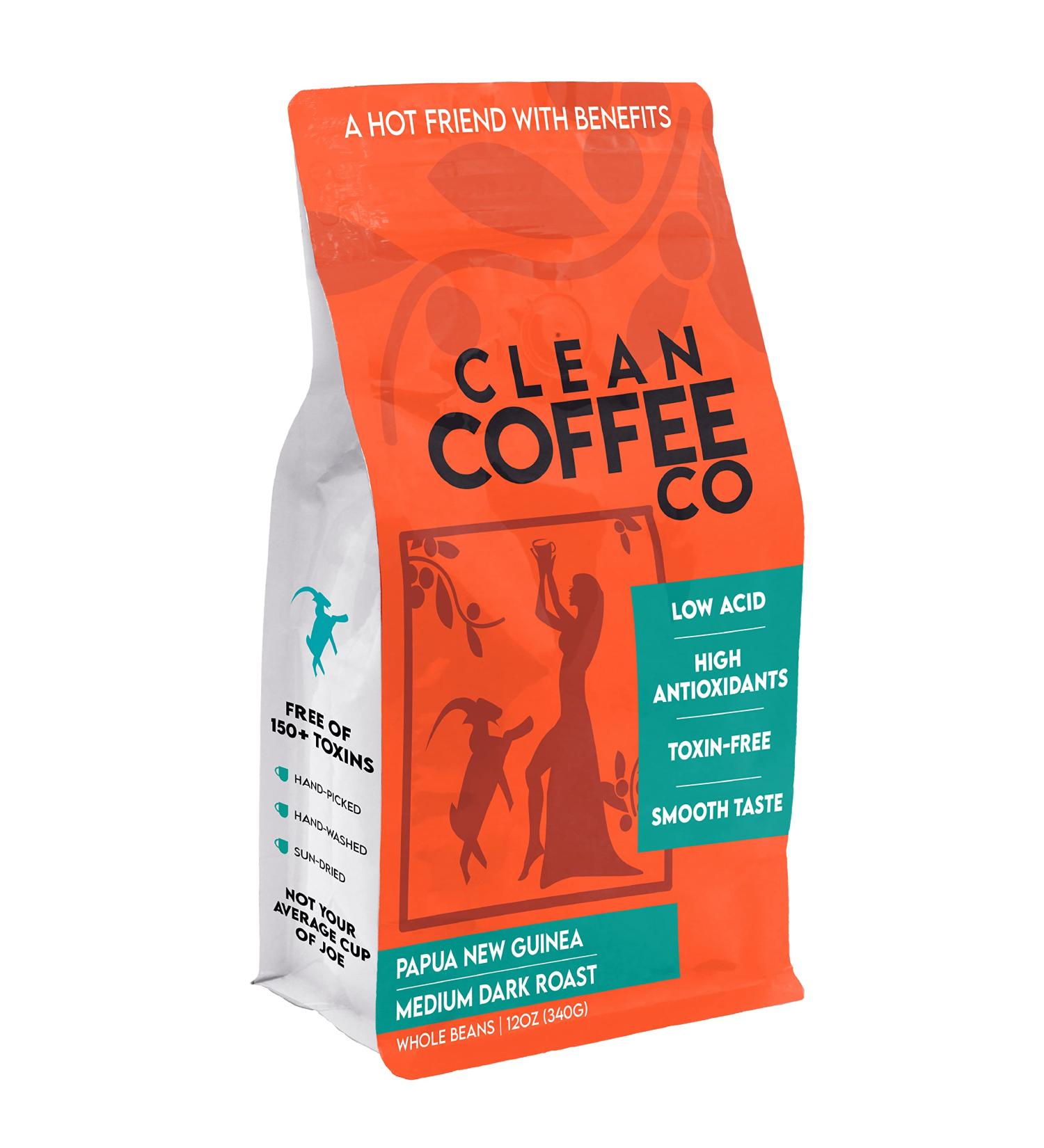 Clean Coffee Co. Low Acid Whole Bean Coffee | Papua New Guinea Medium Roast | Antioxidant Rich, Smooth Taste | 12oz Bag - Buy Online on GoSupps.com