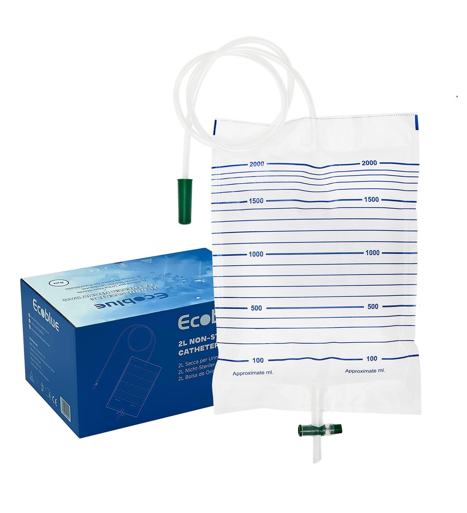 ECOBLUE 15pcs Pack 2000ml Urine Drainage Bag Non Sterile Overnight Bags with T-Tap Valve and 85cm Tube - Bedside Drainable Urinary Bags - Non-Latex Urinary Catheter Night Bags - Buy Online on GoSupps.com