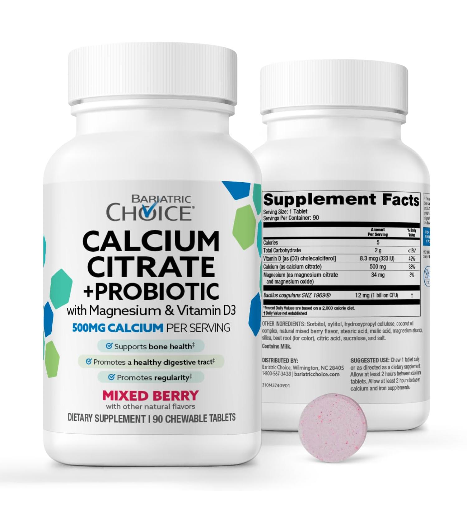 Bariatric Choice Chewable Calcium Citrate 500mg with Vitamin D3 Magnesium & Probiotics for Bariatric Surgery Patients Including Gastric Bypass & Sleeve Gastrectomy Sugar-Free -Berry Flavor 90 Count - Buy Online on GoSupps.com