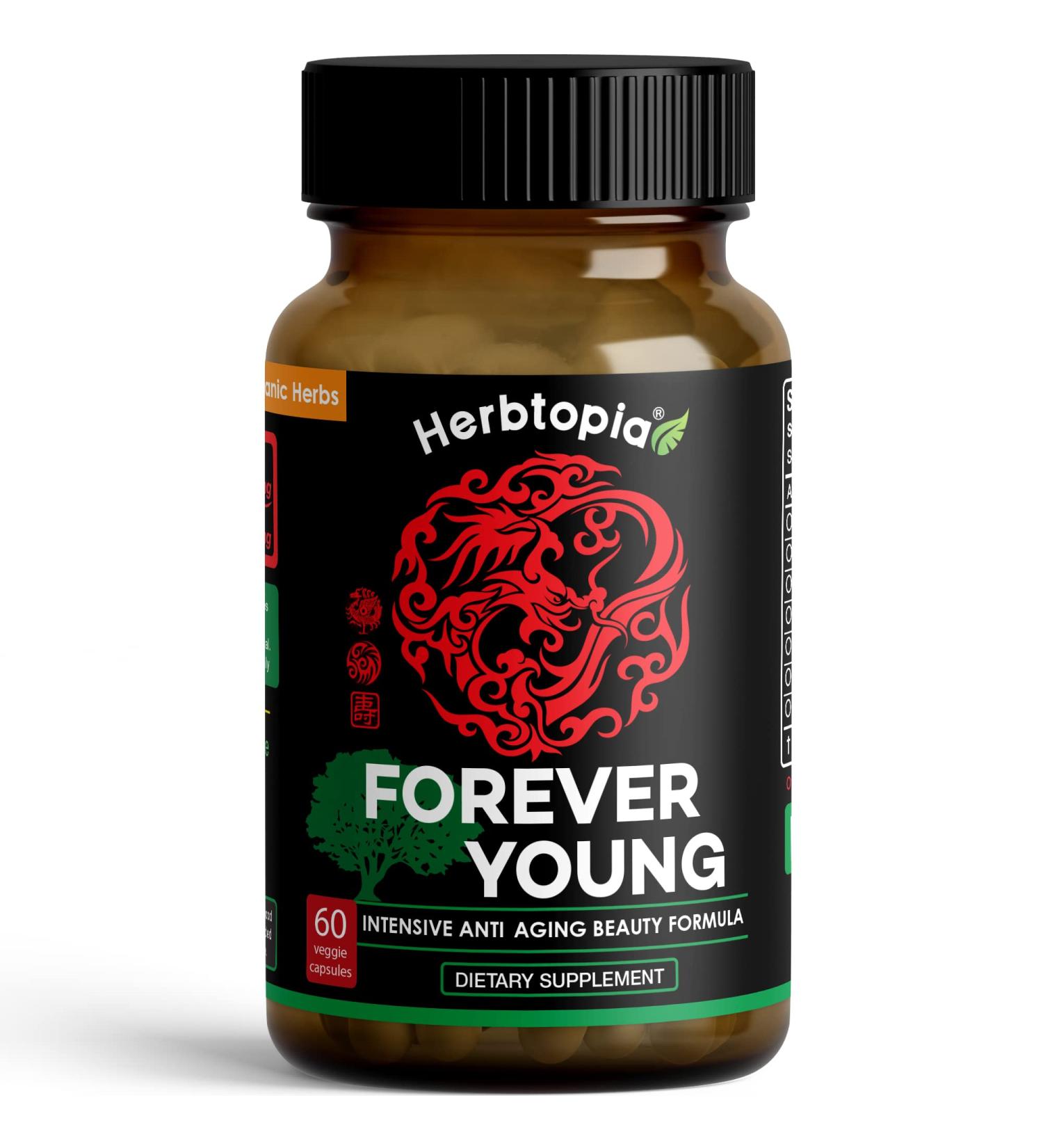 Herbtopia Forever Young Longevity Supplement - Immunity Support & Anti Gray Hair with Ginseng, Astragalus, Lions Mane, Reishi Mushroom, Codonopsis | Organic - Buy Online on GoSupps.com