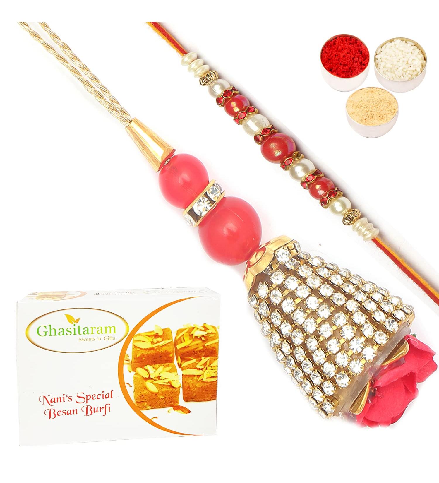 Ghasitaram Gifts Rakhis Online - Rakhi for Brother- The Glittering Chains Bhaiya Bhabhi Rakhi with 200 GMS of Besan Barfi Rakhi Set with 200 gms of Besan Barfi - Buy Online on GoSupps.com