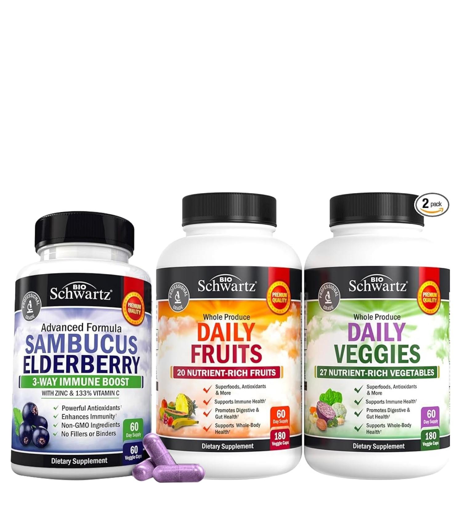 BioSchwartz Daily Fruits and Veggies Supplement for Women and Men (2 Month Supply) Plus Elderberry with Zinc and Vitamin C for Adults Immune Support (2 Month Supply) - Buy Online on GoSupps.com