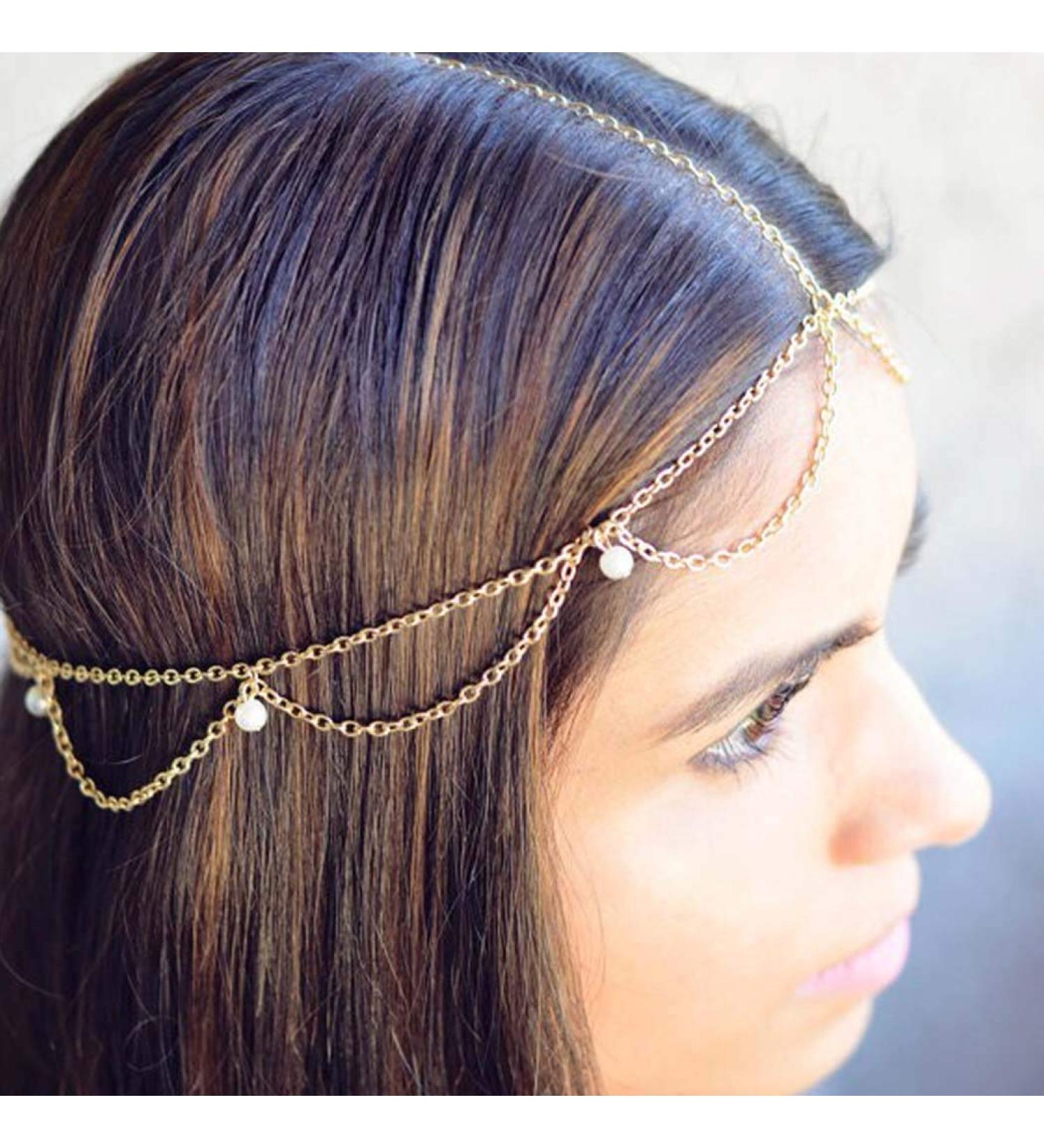 Zoestar Pearl Head Chain - Gold Boho Hair Accessories | Bridal Tassel Headpiece & Festival Hair Jewelry for Women & Girls - Buy Online on GoSupps.com
