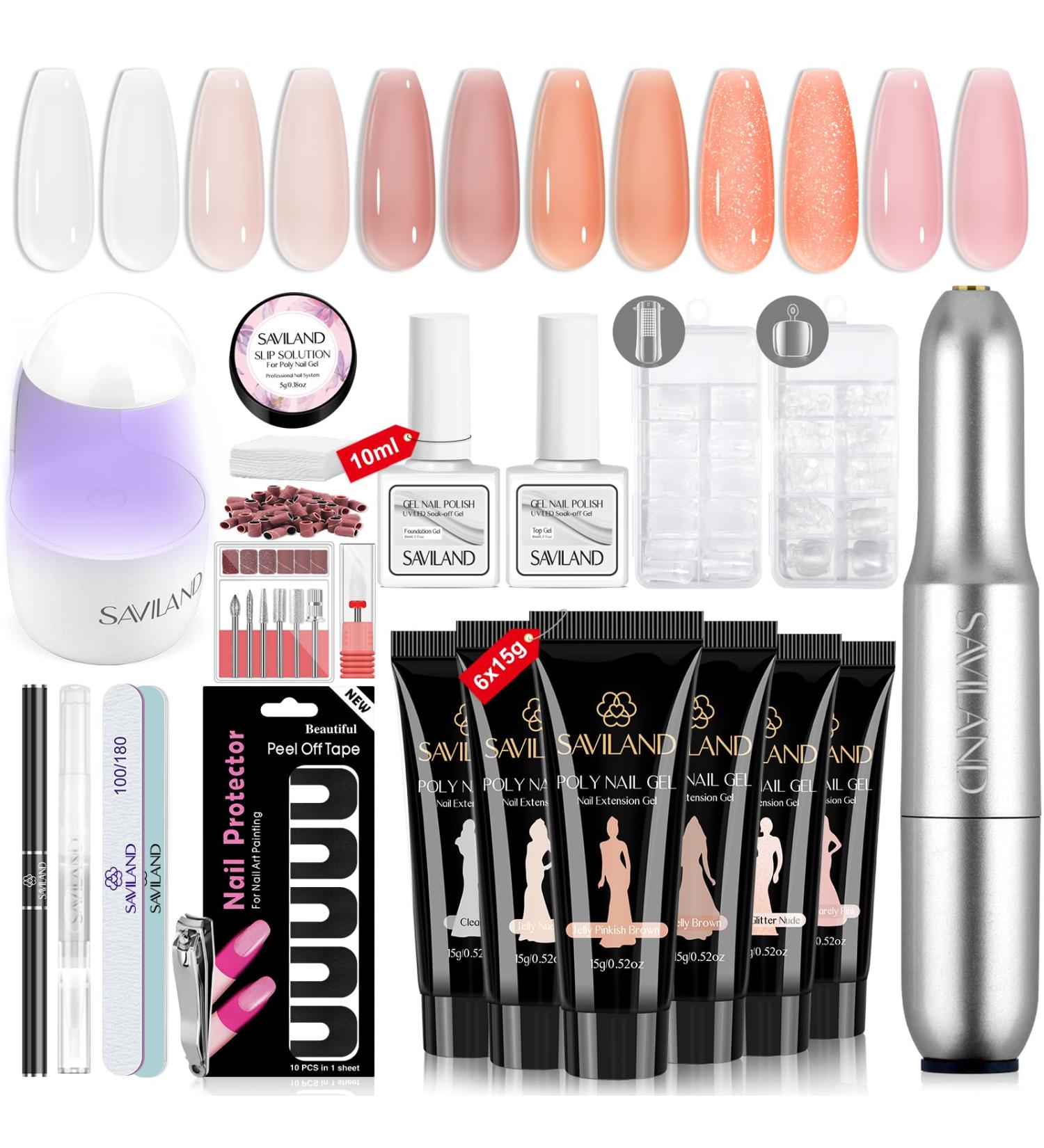 Saviland 18 PCS Poly Gel Nail Kit with Drill - 6 Colors Poly Nail Gel Set for Beginners | Nail Lamp, Base, Top Gel, Slip Solution, Tips & Tools Included - Buy Online on GoSupps.com