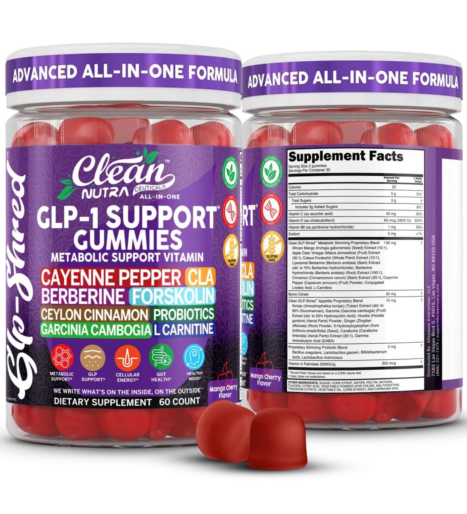 Clean Nutra Gummies with Cayenne Pepper CLA Berberine Forskolin Ceylon Cinnamon Probiotics Garcinia Cambogia & L-Carnitine | Mango Cherry Flavor | 60 Count Chewable Supplement Gummies - Buy Online on GoSupps.com
