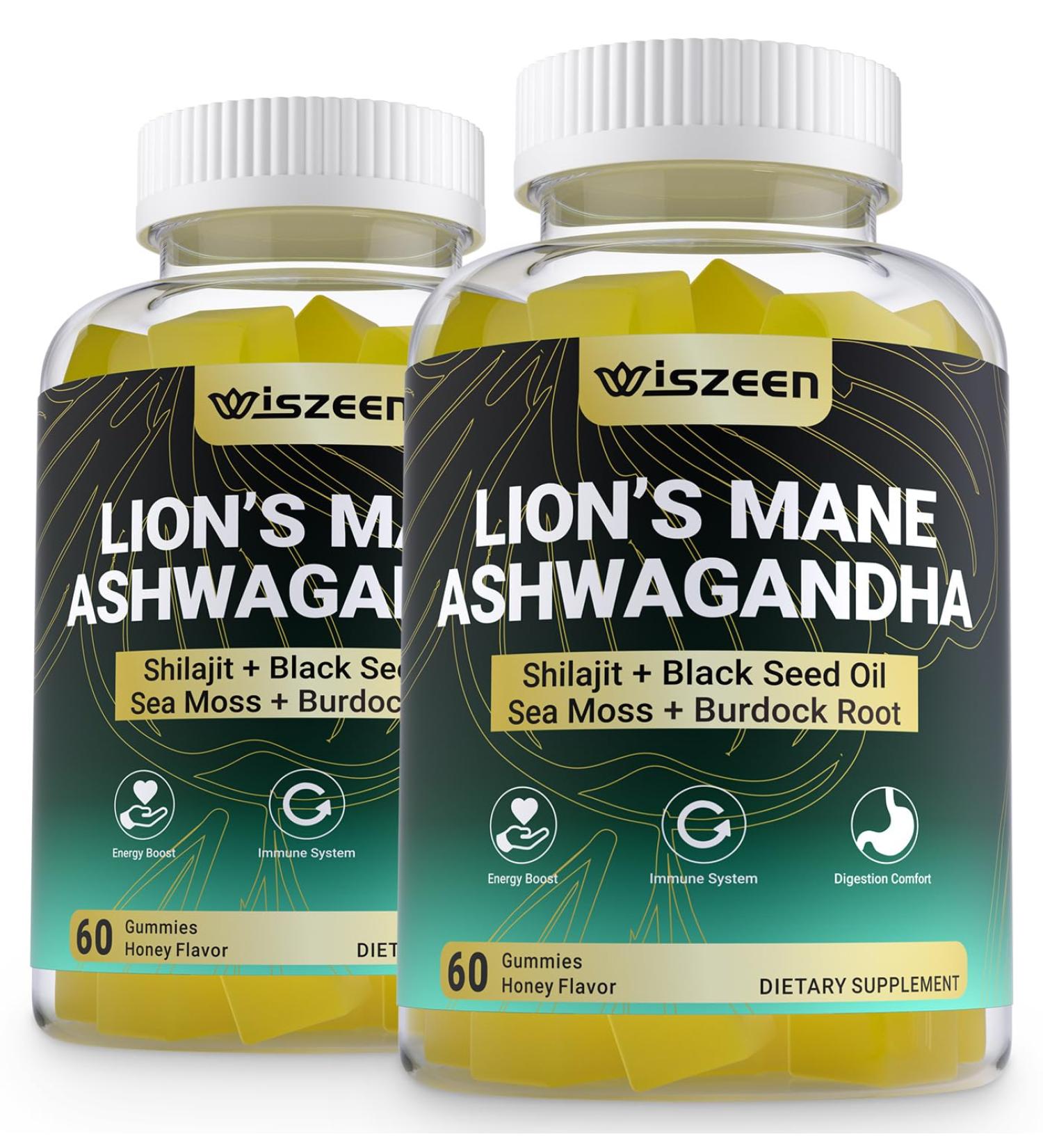 Ashwagandha Gummies - Lions Mane Gummies Ashwagandha Lion's Mane Supplement with Shilajit Sea Moss Black Seed Oil for Adults - Energy Cognitive & Immune Support 60 Count (Pack of 2) - Buy Online on GoSupps.com
