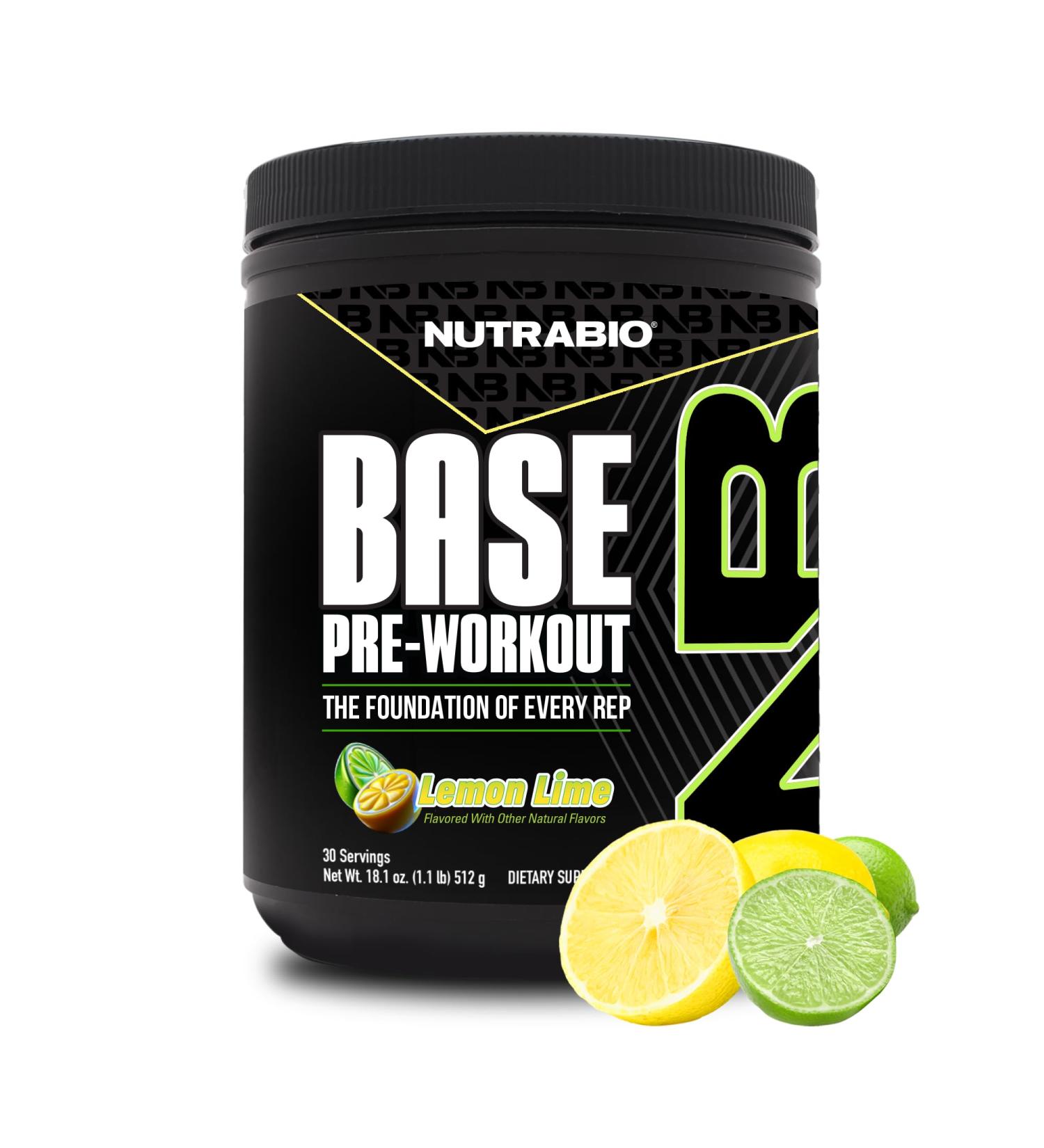 NutraBio Base Pre-Workout Powder 200mg Caffeine Sustained Energy Focus Endurance Pump Sugar Free Clean Preworkout for Men and Women - Beta Alanine L-Tyrosine 30 Servings - Lemon Lime - Buy Online on GoSupps.com
