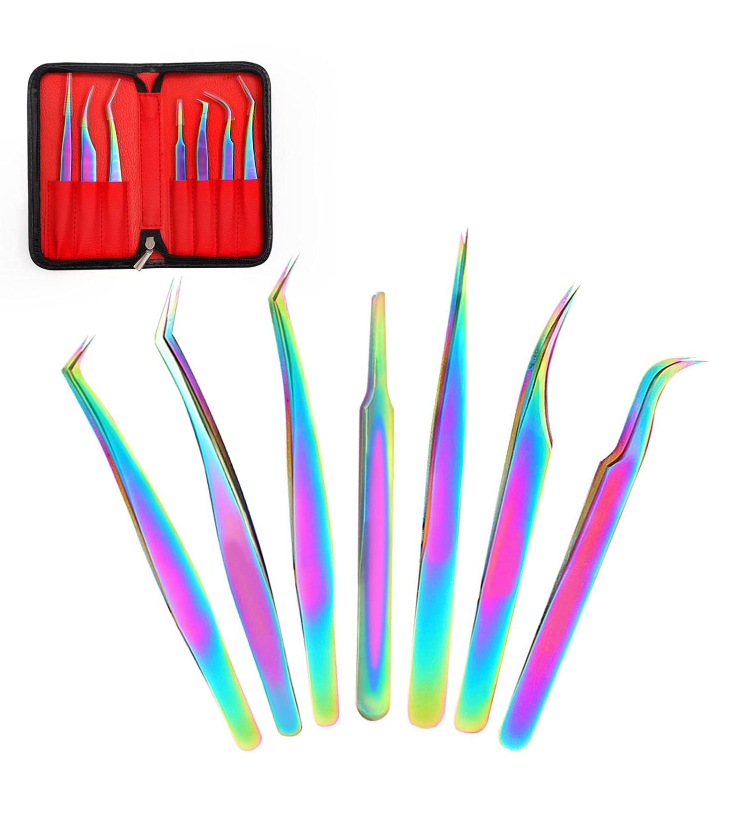 Eyelash Extension Tweezers Kit - Fangze 7 Pcs Rainbow Stainless Steel Set with Case - Buy Online on GoSupps.com