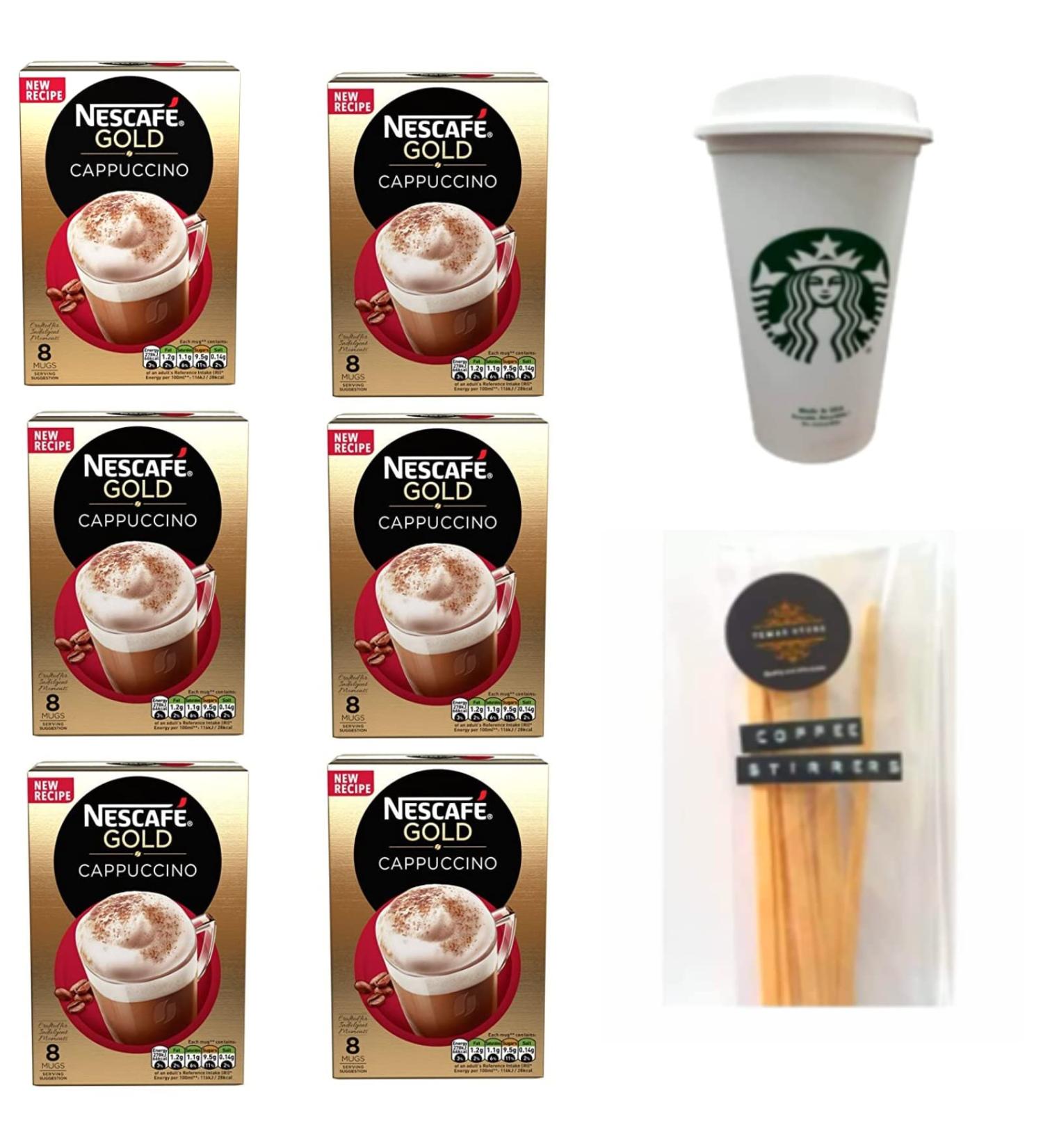 Nescafe Cappuccino Sachets Instant Coffee Bundle Contains 48 x Nescafe Gold Cappuccino With Reusable Coffee Cup & 48 x Temas Store Coffee Stirrers |Coffee Sachets Individually Wrapped | Instant Coffee - Buy Online on GoSupps.com