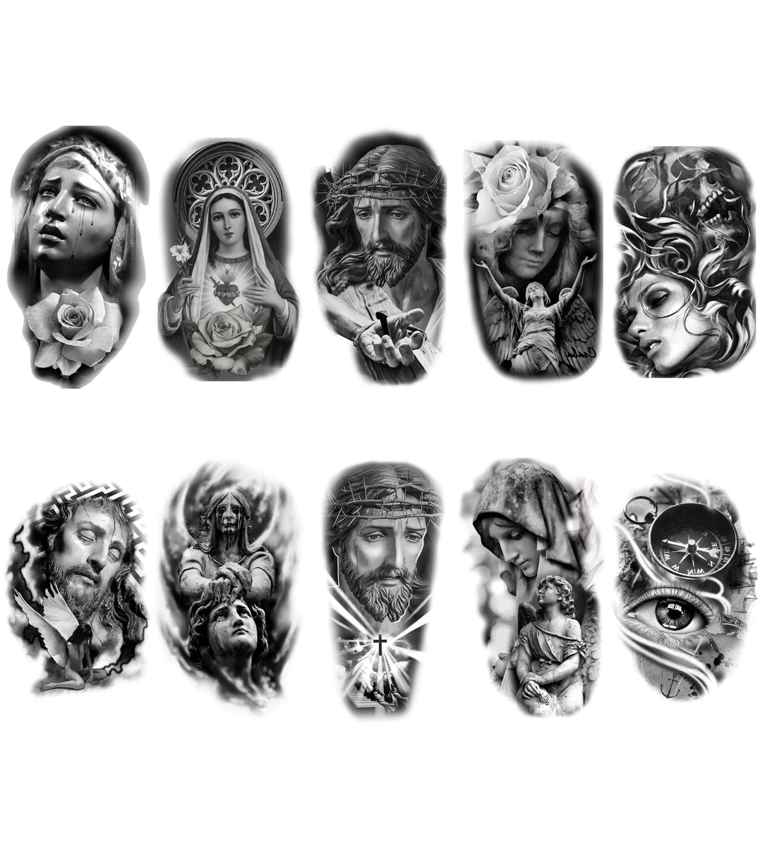 Roarhowl Easter Temporary Tattoo Sleeves Set - 10 Sheets | Black & Gray 3D Realism Jesus Angel Design for Men and Women - Buy Online on GoSupps.com