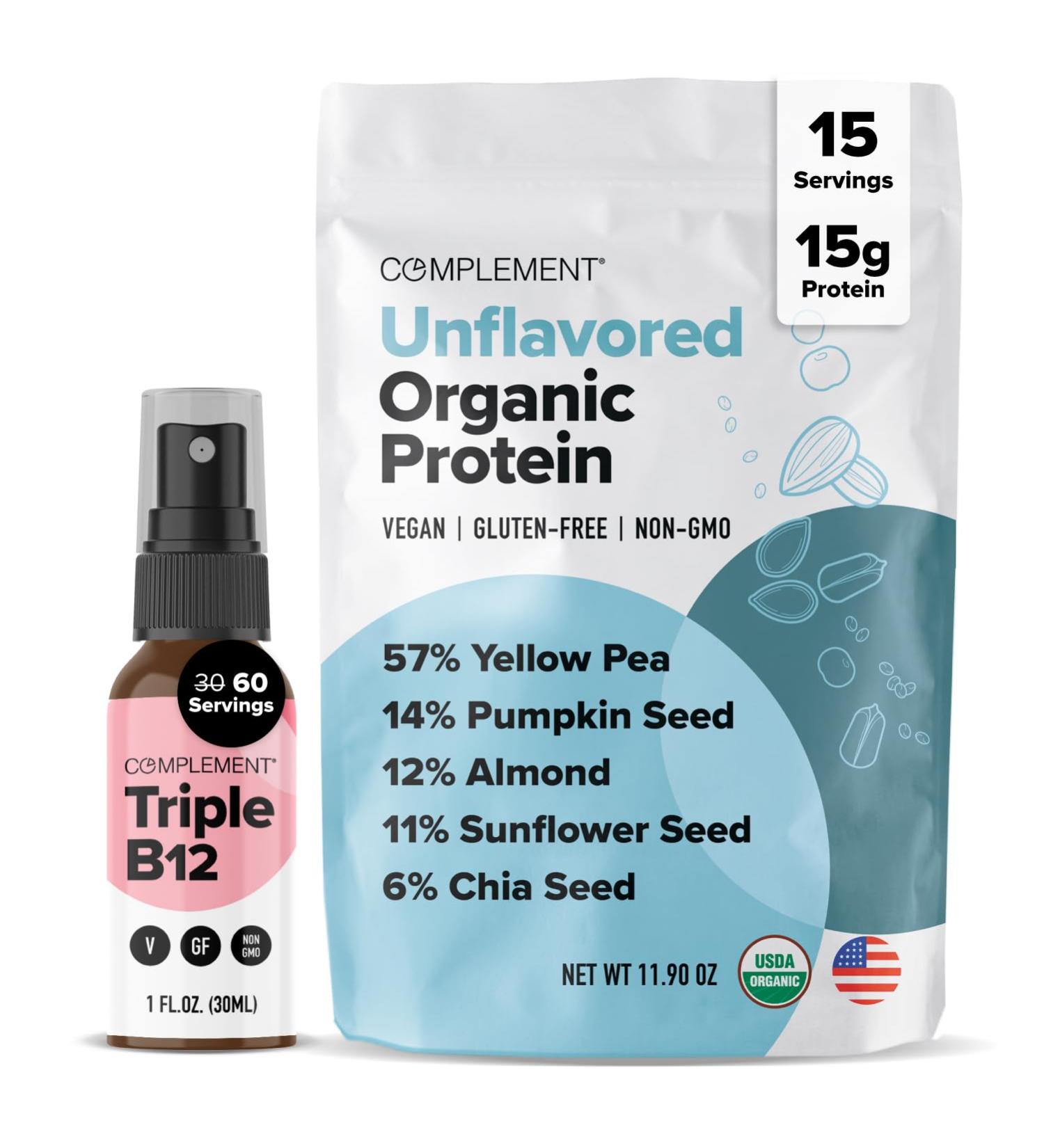 Complement Unflavored Protein & Triple B12 Spray Bundle Plant-Based Protein Powder and High-Potency B12 Supplement for Comprehensive Nutritional Support - Buy Online on GoSupps.com