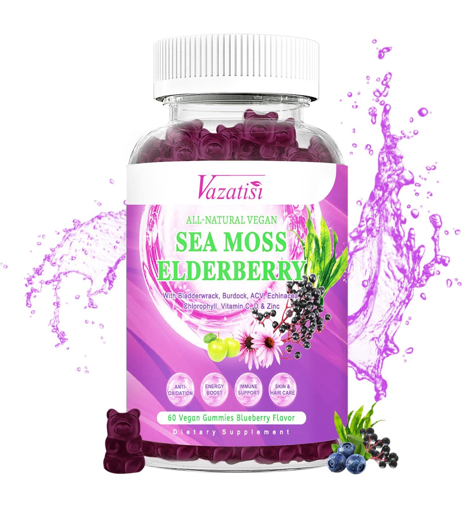 Vegan Sea Moss Gummies with Elderberry, Bladderwrack, Echinacea, Apple Cider Vinegar & More - 60Ct Supplement for Adults & Kids - Blueberry Flavor - Buy Online on GoSupps.com