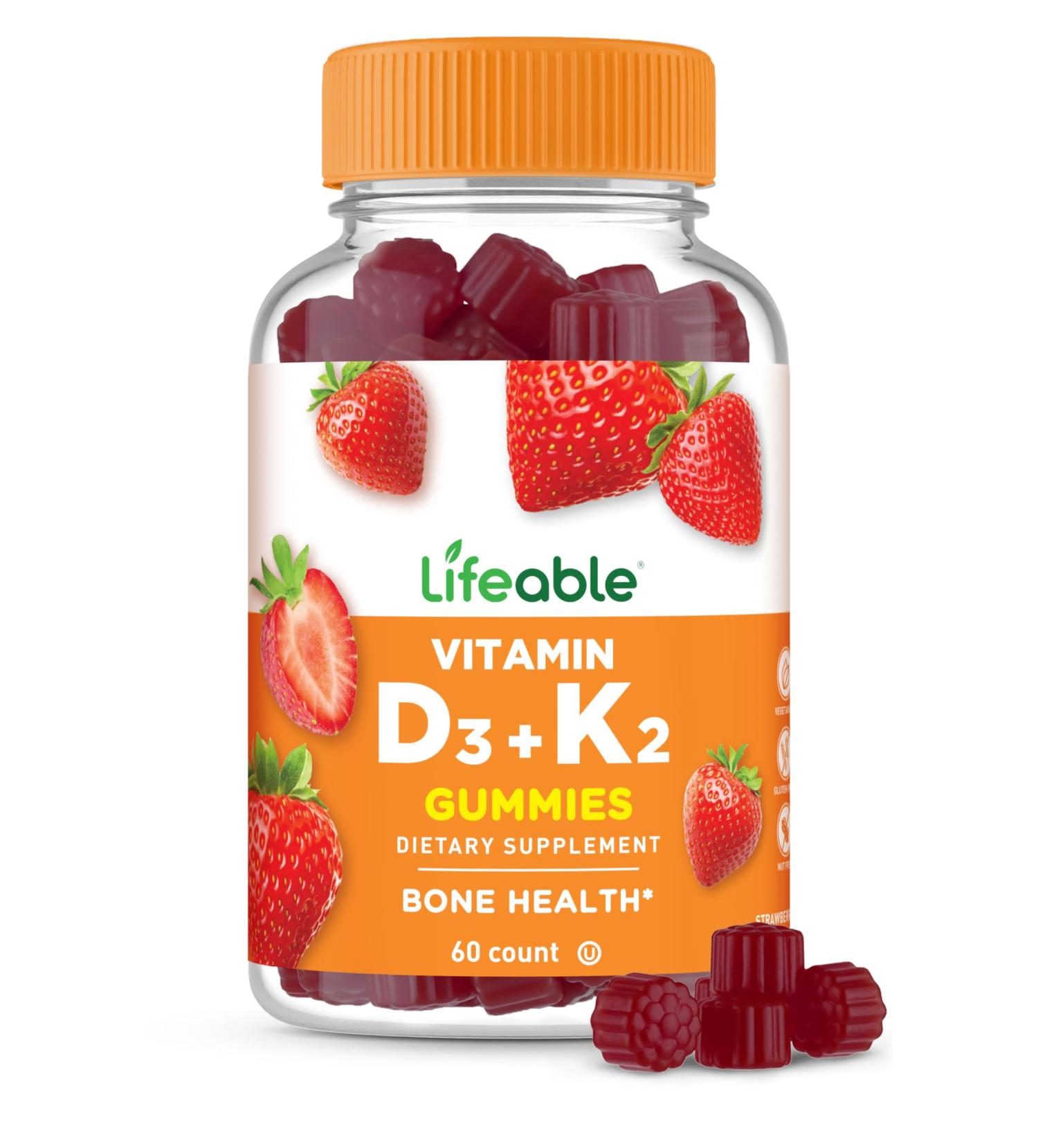 Lifeable Vitamin D3 K2 Gummies for Adults | 1000iu D3 and K2 100mcg | Great Tasting D3 and K2 Supplements | for Bone Health and Immunity | VIT D3 K2 for Adults Men and Women | 60 Gummies - Buy Online on GoSupps.com