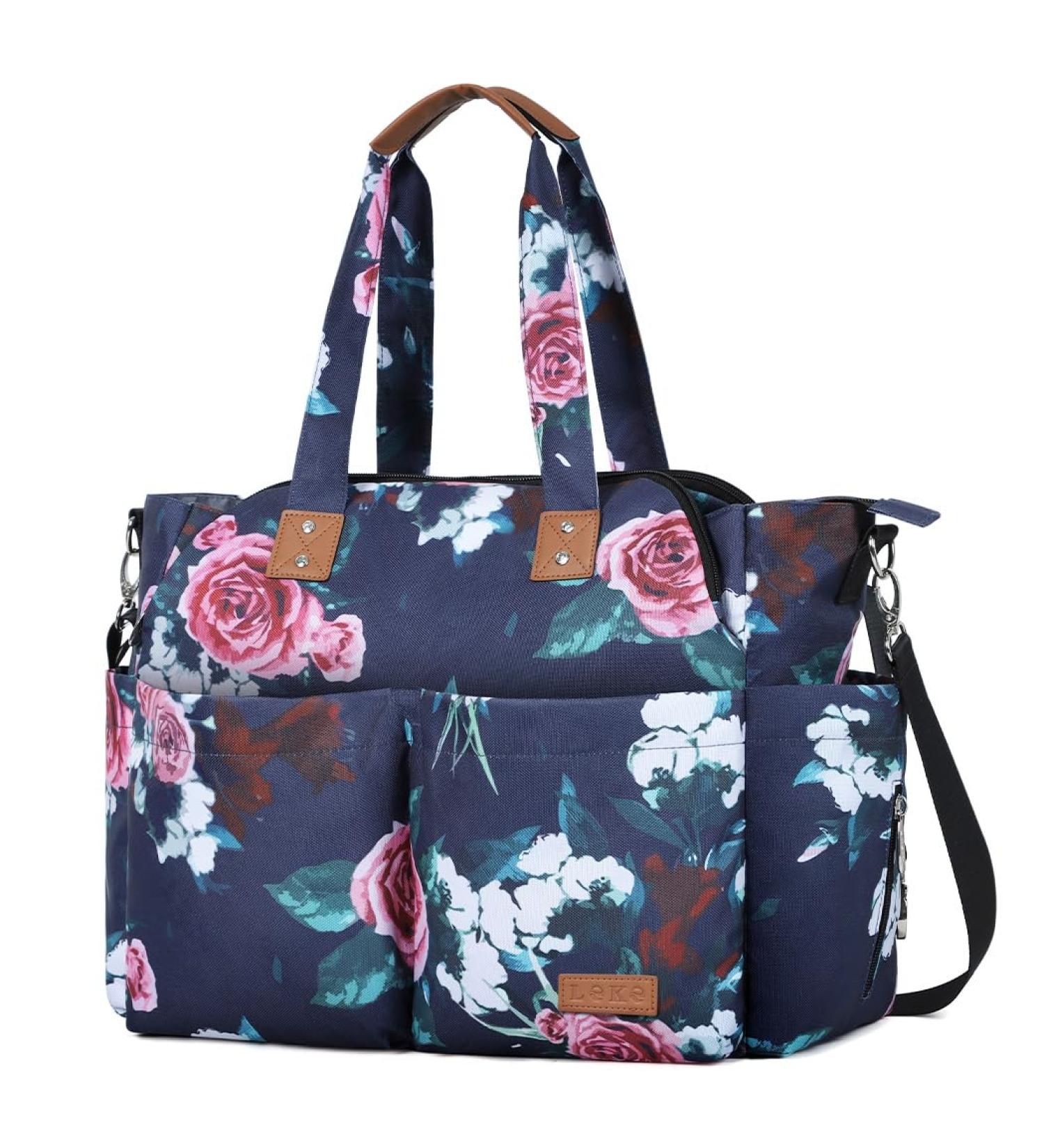 Lekebaby Large Baby Changing Bag with Stylish Rose & Flower Pattern | Nappy Bag for Mom & Dad with Changing Mat - Buy Online on GoSupps.com