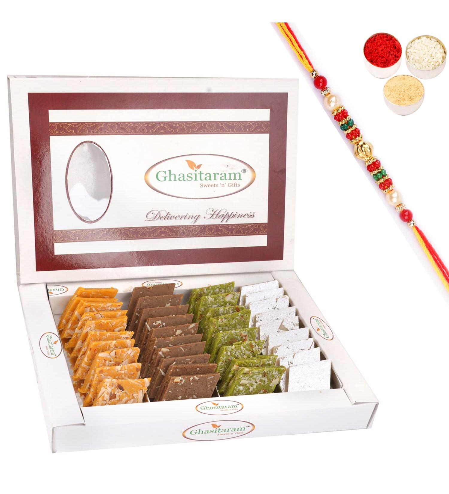 Ghasitaram Gifts Rakhi Gifts for Brothers Rakhi Sweets - Pure Assorted Kaju Katlis 400 GMS with Beads Rakhi - Buy Online on GoSupps.com