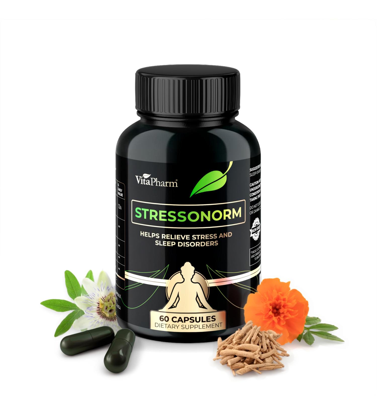 VitaPharm Stressonorm - Herbal Supplement with Magnesium, Ashwagandha, Passiflora & Botanicals - 60 Capsules - Non-GMO, Made in EU - Buy Online on GoSupps.com