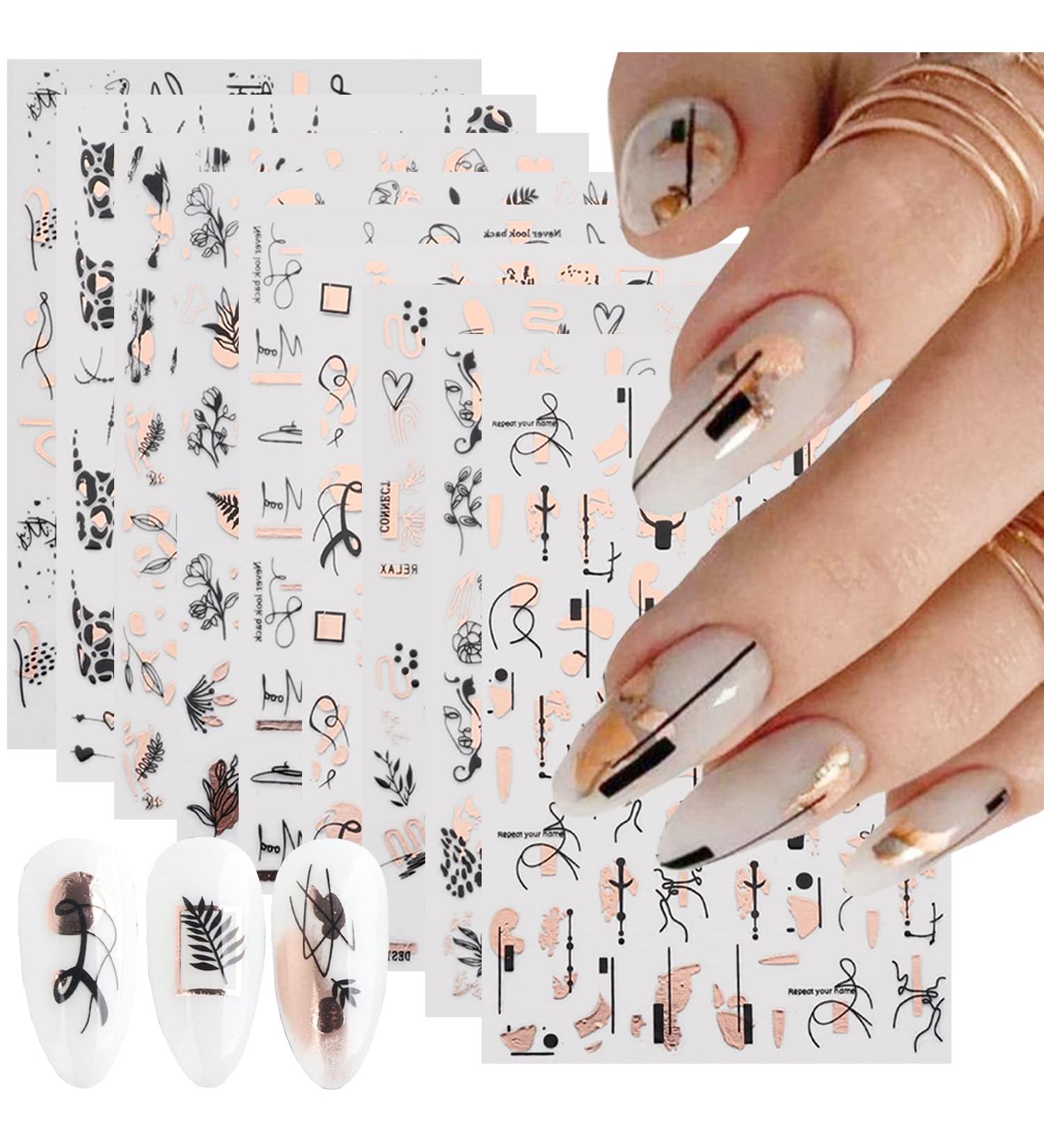 9 Sheets Gold Nail Art Stickers - Self-Adhesive 3D Decals for Nail Design - Abstract Line, Leopard Print, Leaves, Flower Sliders - French Manicure Decoration - Design 2 - Buy Online on GoSupps.com