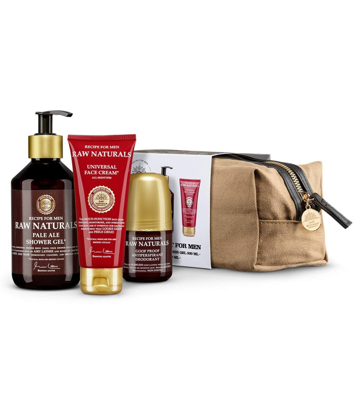 Raw Naturals Essential Kit with Canvas Wash Bag Mens Wash Bag Gift Set Pale Ale Shower Gel (300ml) Universal Face Cream (100ml) and Goof Proof Antiperspirant Deodorant (60ml)
