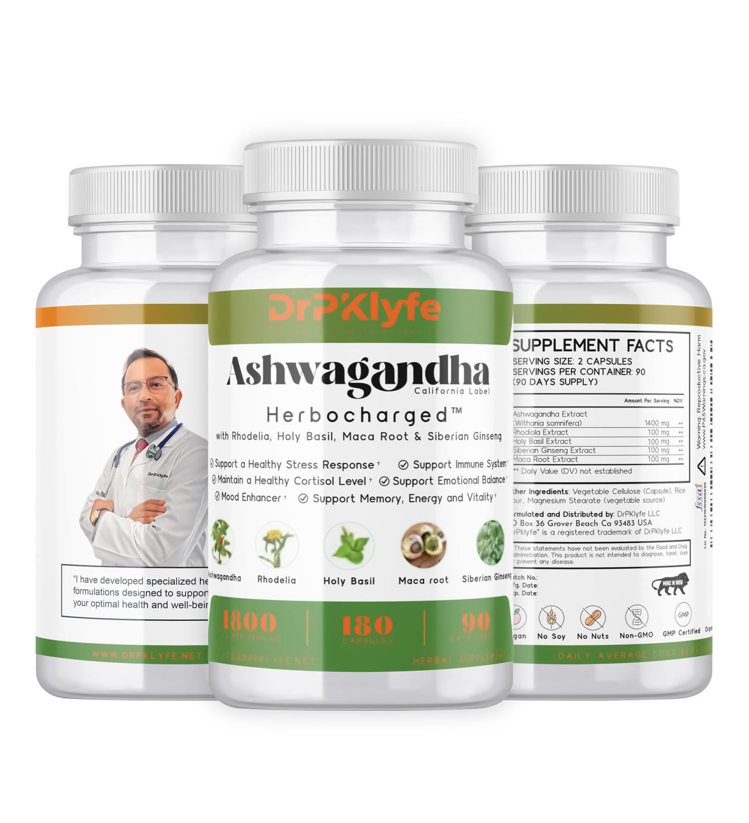DrPKLyfe Ashwagandha Complex 5-1 Blend with Rhodiola Rosea Supplement Maca Root Holy Basil Siberian Ginseng for Stress Relief Focus Sleep Energy Vitality - 180 Capsules US Lab Certified. - Buy Online on GoSupps.com
