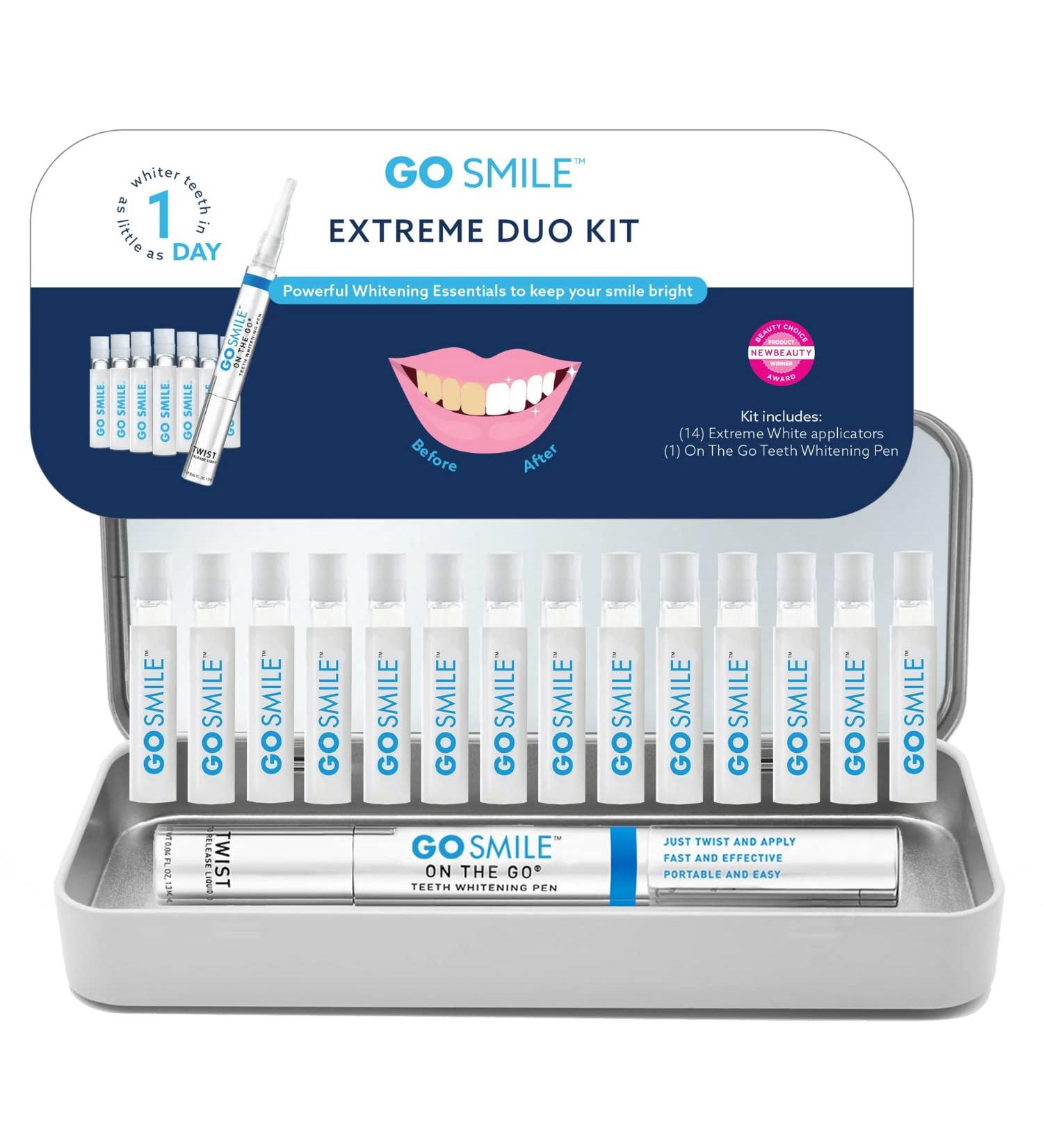 GO SMILE Extreme Duo Professional Teeth Whitening Travel Kit - 14 Whitening Swabs & Enamel Brush Pen in Portable Tin - Stain Remover, No Sensitivity - Buy Online on GoSupps.com