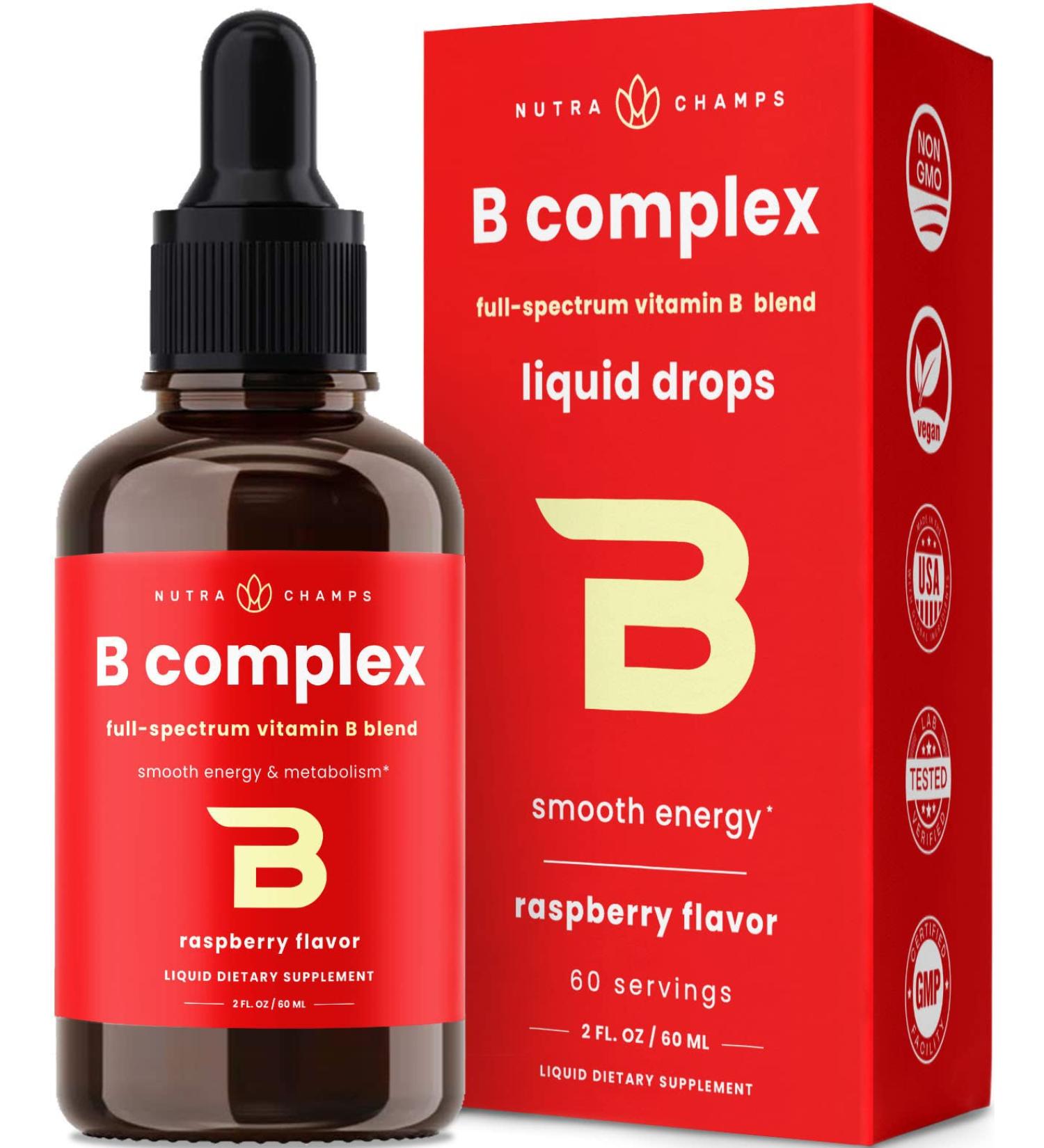 Vitamin B Complex Liquid Drops with B1, B2, B3, B6, B7, B9 & Methyl B12 for Adults & Kids - Vegan Berry Flavor - 2oz, 60 Servings - Buy Online on GoSupps.com