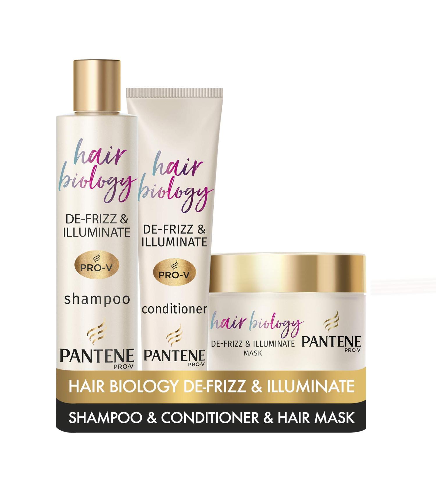 Pantene Pro-V Hair Biology De-Frizz & Illuminate Shampoo Conditioner and Hair Mask Anti-Frizz Hair Products Set with Hyaluronic Acid For Frizzy Or Dry & Coloured Hair - Buy Online on GoSupps.com