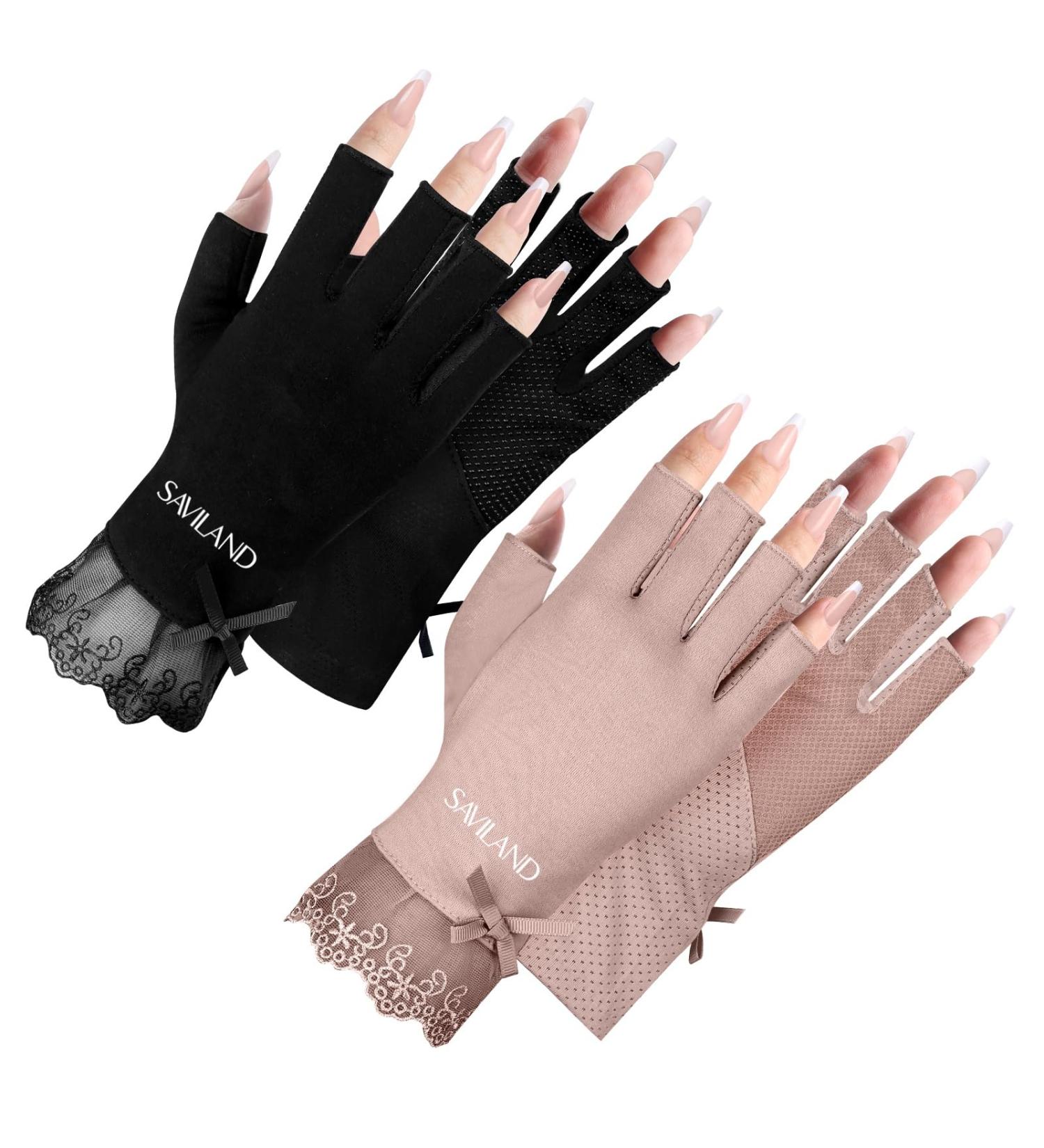 Saviland UV Gloves for Gel Nails - 2 Pairs Lace UPF60+ Fingerless Gloves for Gel Manicure and Nail Lamp, Nail Art Skin Care Supplies for Women - Black & Brown Purple - Buy Online on GoSupps.com