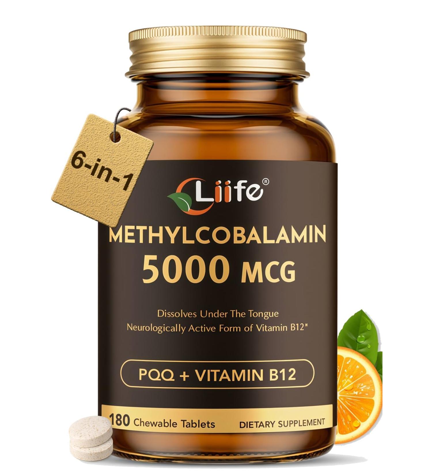 LIIFE Vitamin B12 (Methylcobalamin)+ PQQ 5000 mcg | 180 Chewable Tablets | Supports General Energy Brain & Nervous System Health | Gluten Free | 1 Capsule per Serving* 180 Tablets(Pack of 1) - Buy Online on GoSupps.com