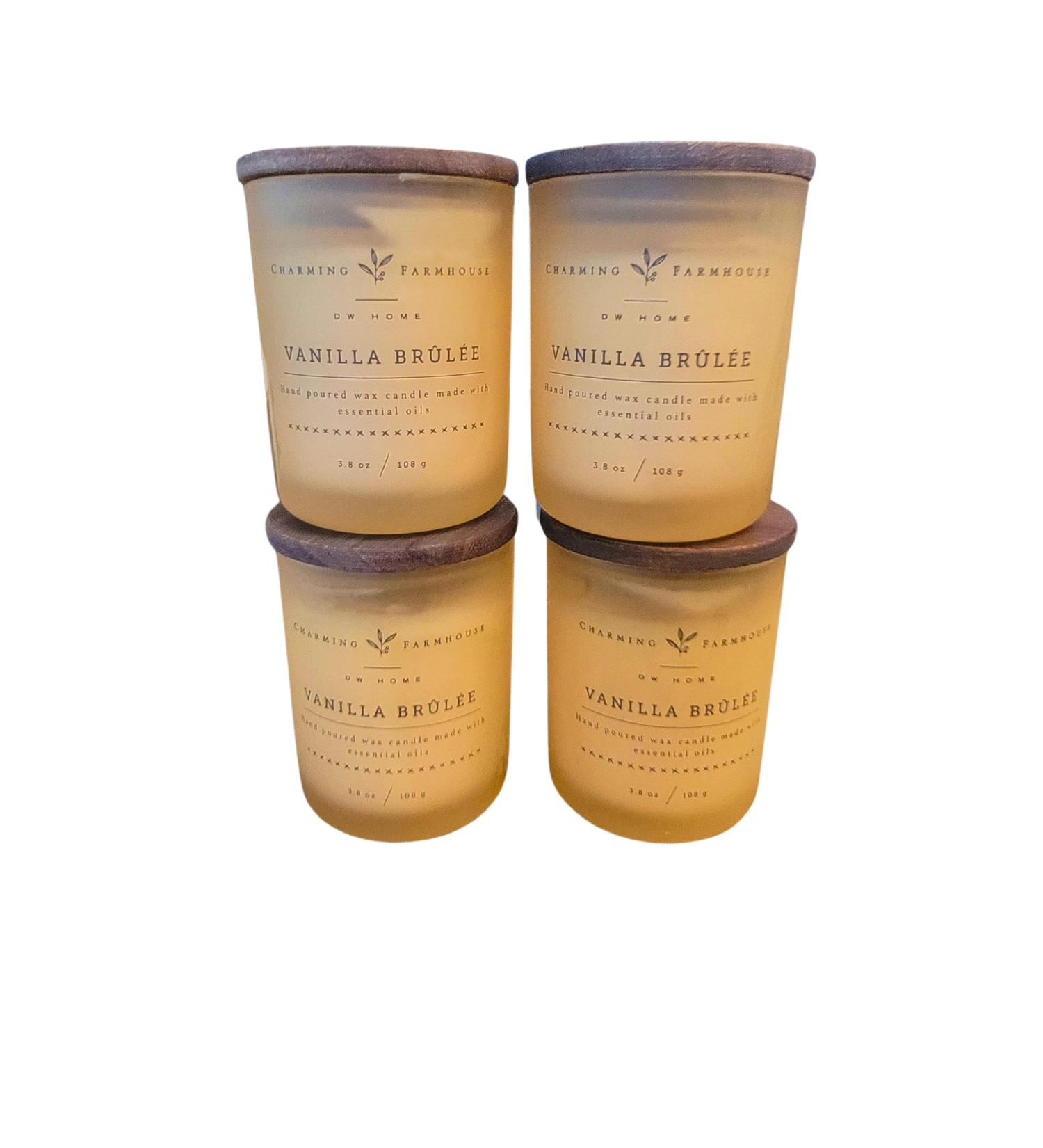Set of 4 Richly Scented Vanilla Brulee Candles Single Wick Wooden Lid 3.8oz Each One Yellow 23181