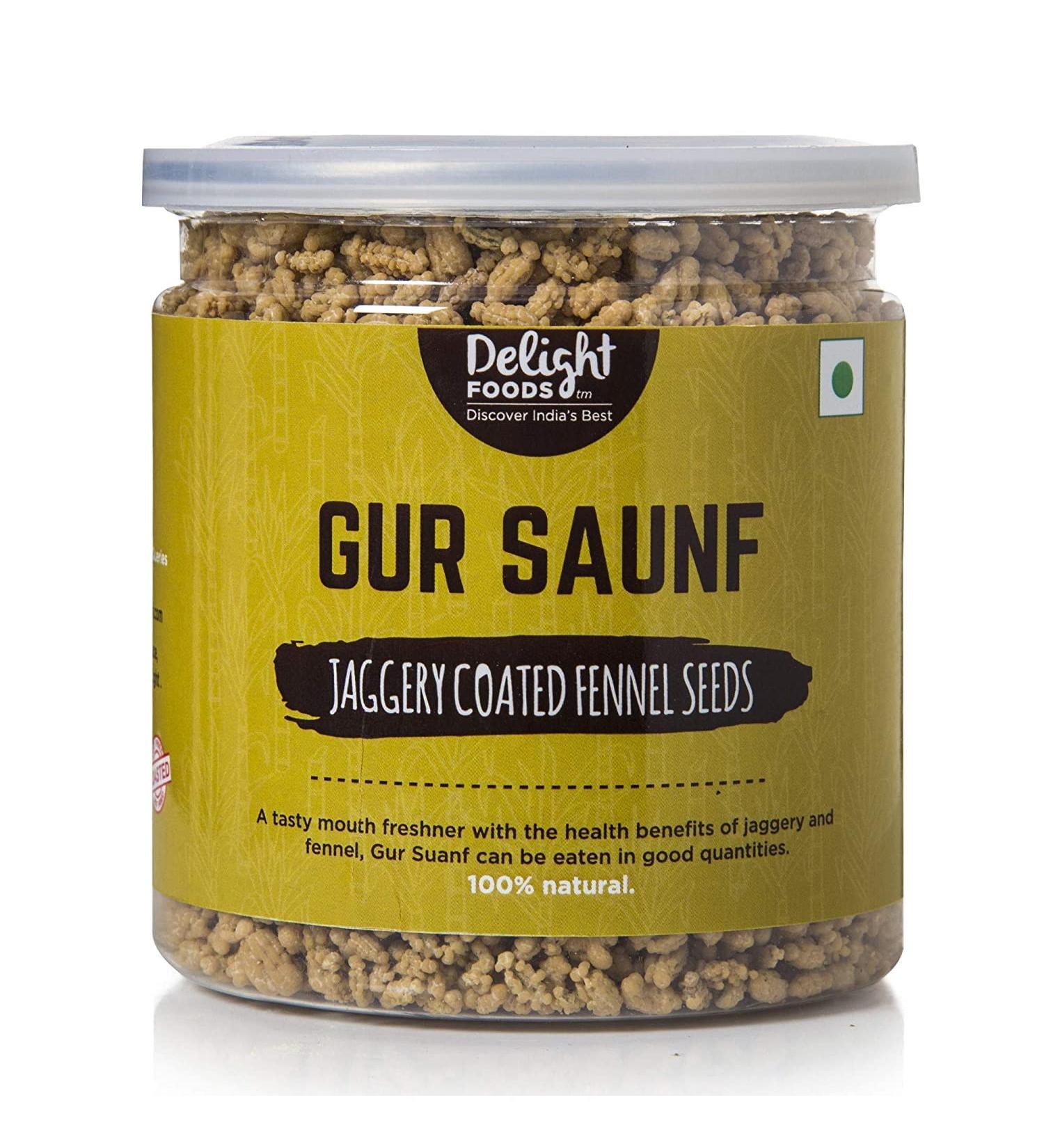 Delight Foods Gur Saunf 250g | Mouth Freshener Mukhwas | Jaggery Coated Fennel Seeds - No Preservatives_Packing May Vary
