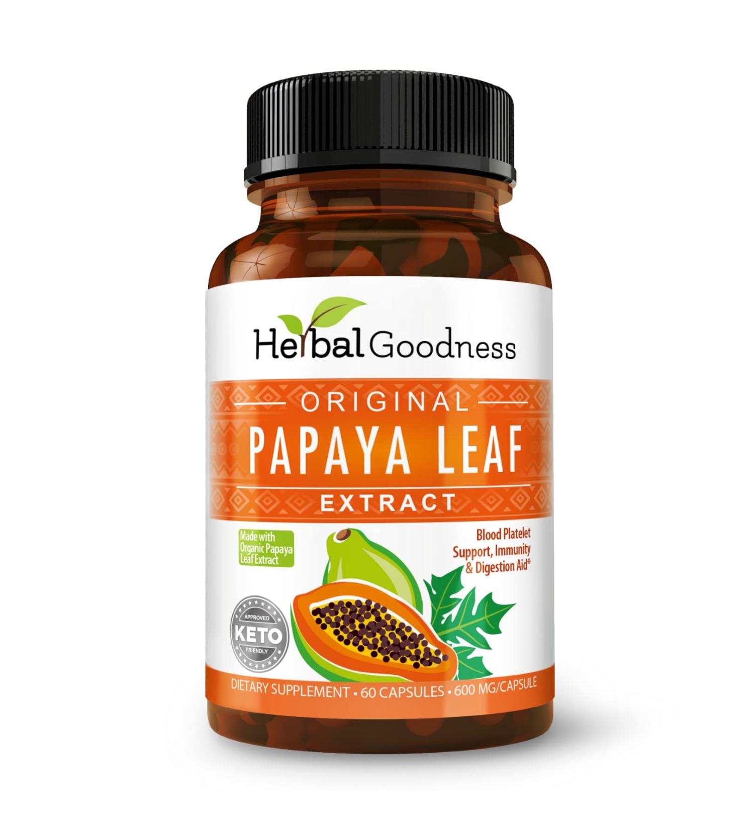 Papaya Leaf Extract Digestive Enzymes 10X Strength 60/600mg Veg Capsules - Immune Gut & Super Digestive Health Support - Made in USA by Herbal Goodness - 60 Count - Buy Online on GoSupps.com