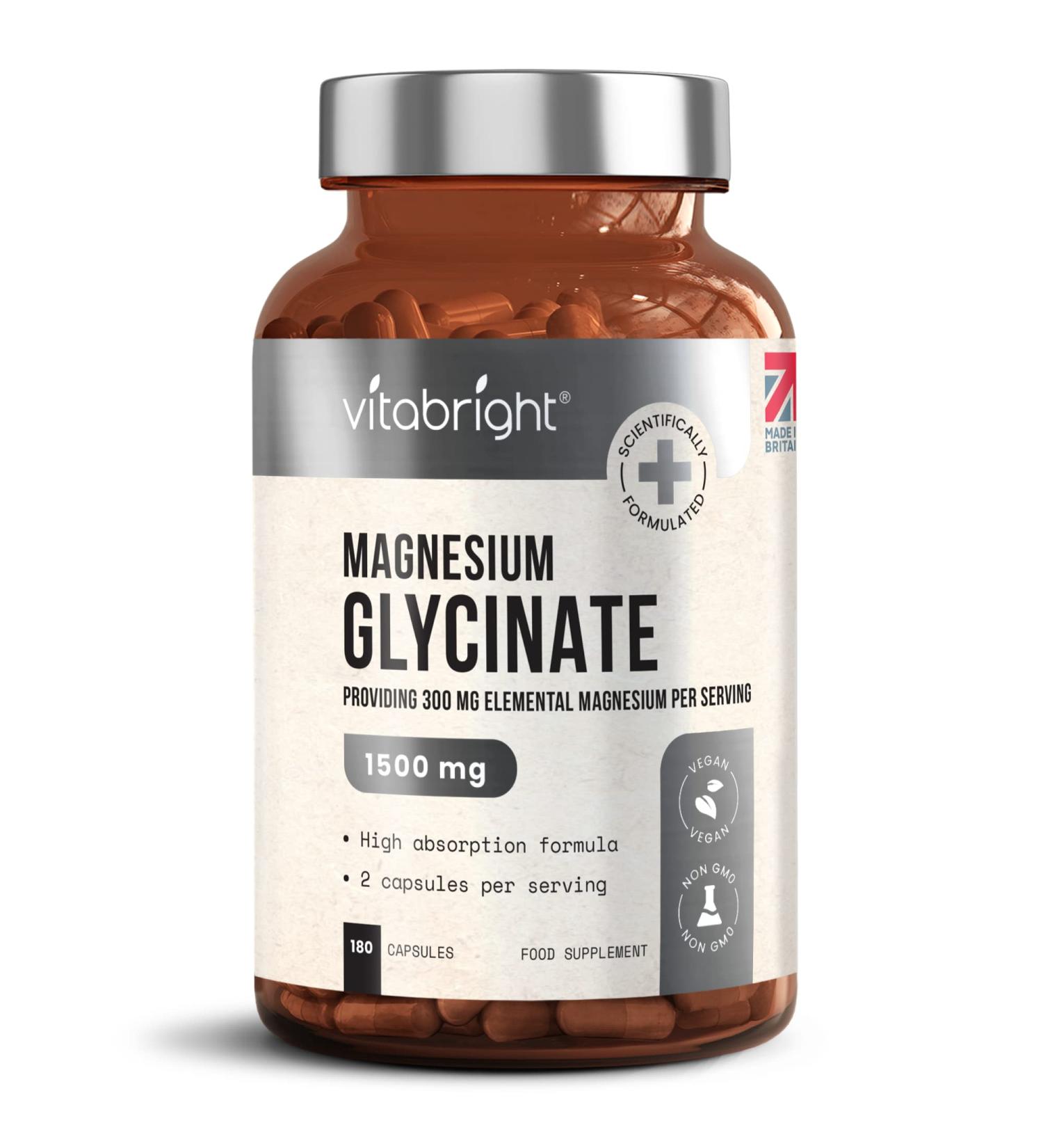 High Strength Magnesium Glycinate 1500mg - 180 Vegan Capsules - 3 Month Supply - Made in UK by VitaBright - Buy Online on GoSupps.com