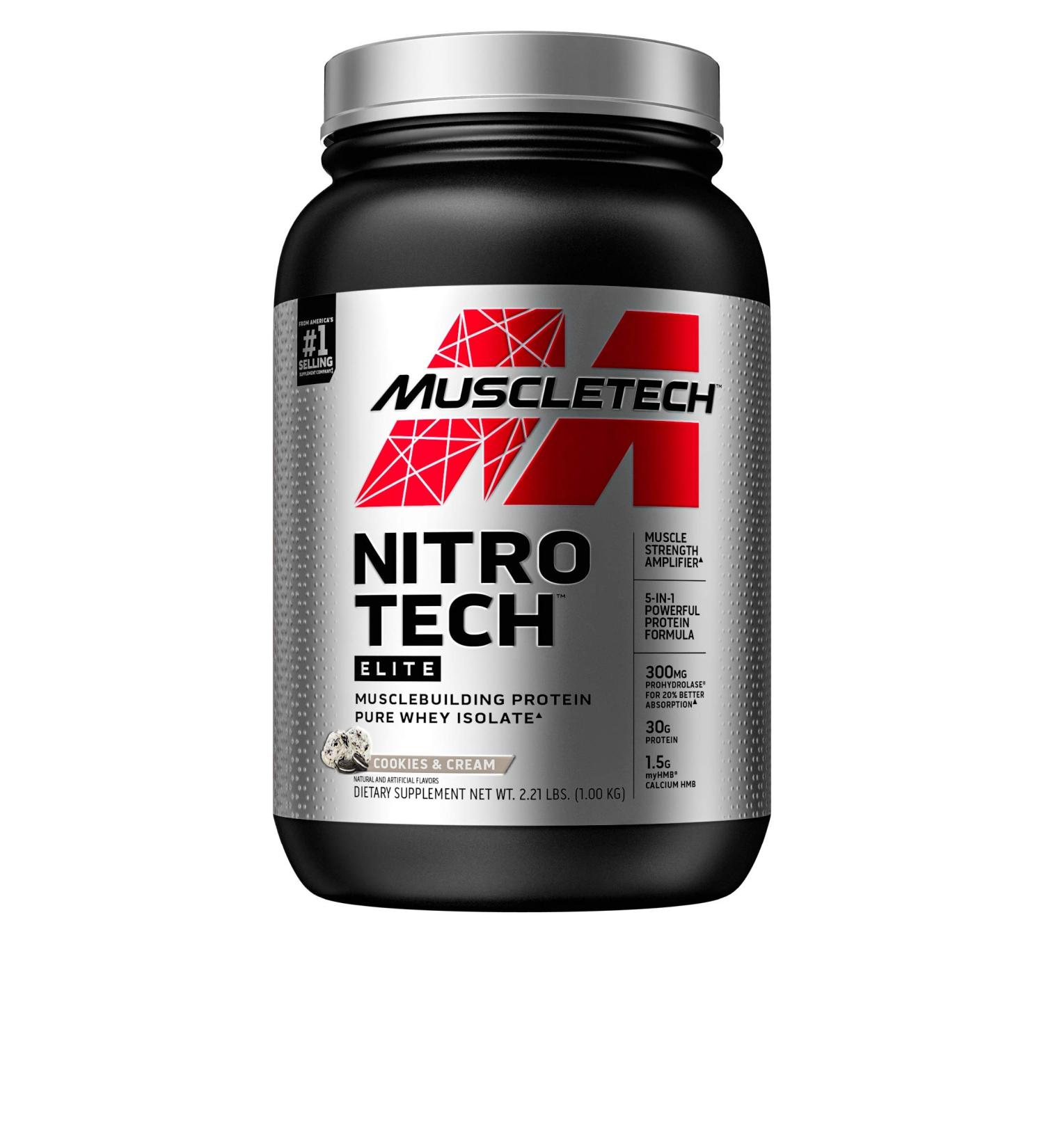 Muscletech Nitro Tech Elite Protein Powder - Cookies & Cream - 2.21 lbs (1 kg) - Buy Online on GoSupps.com