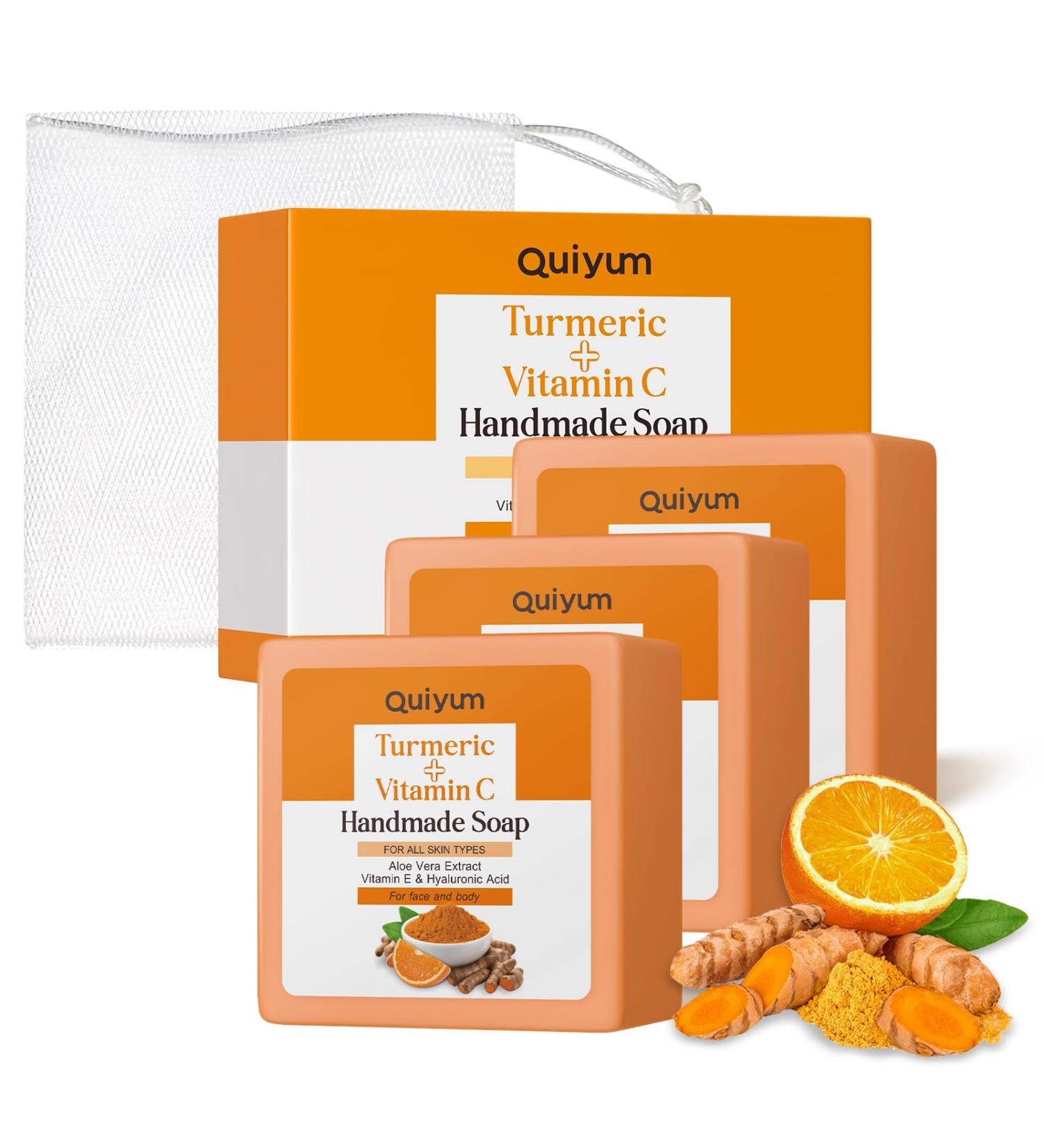 Quiyum Turmeric and Vitamin C Soap pack of 3 facial and body cleanser antistains balancing and cleansing suitable for all skin types - Buy Online on GoSupps.com