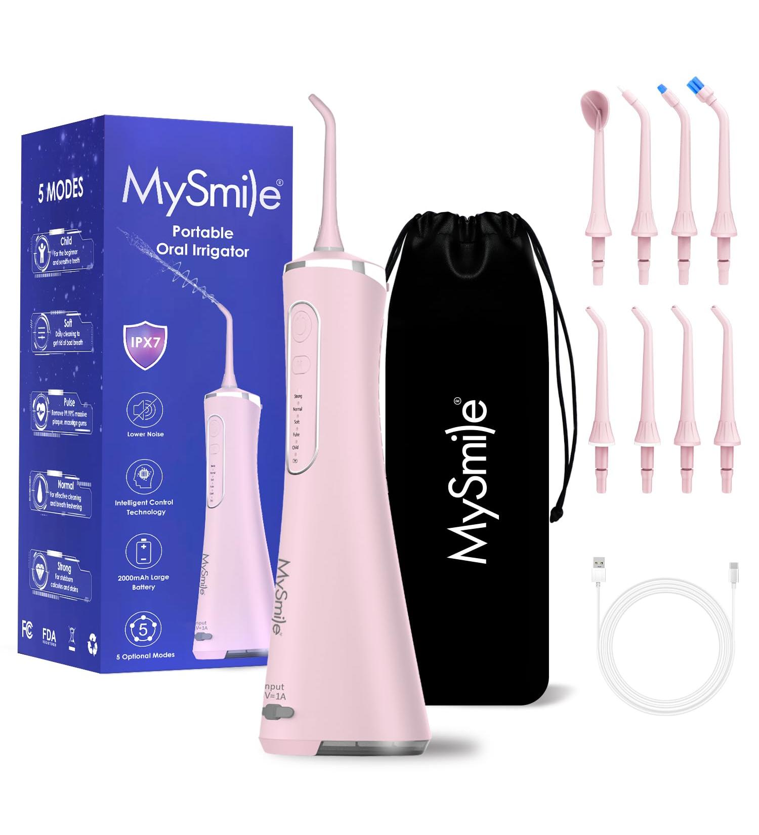 MySmile Wireless Water Tooth Floss 5 Cleaning Modes 8 Jet Tips IPX7 Waterproof USB Rechargeable Dental Picks Pink Travel Bag Included - Buy Online on GoSupps.com