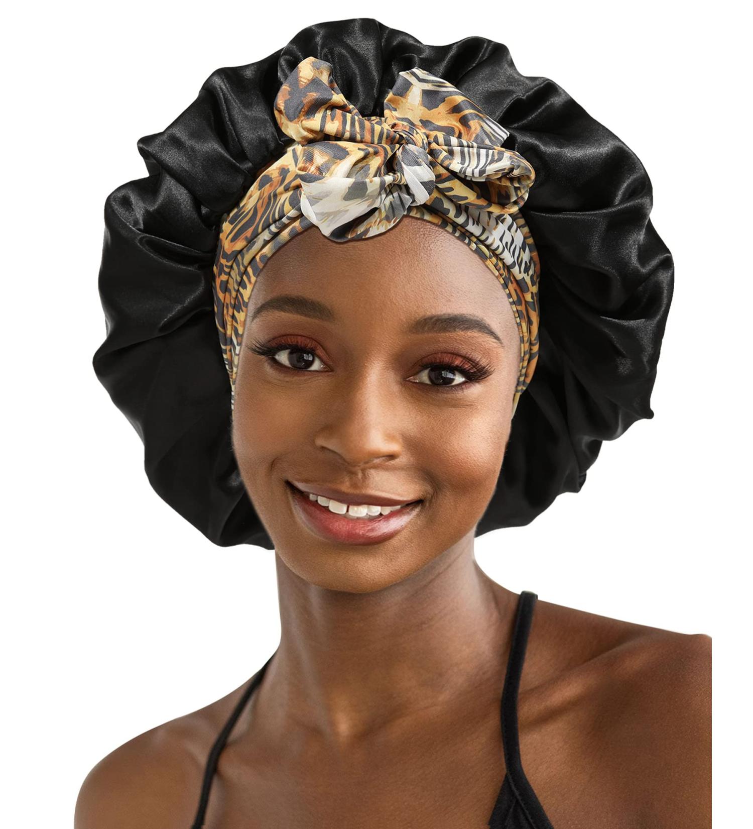 Satin Silk Hair Bonnet for Women | Double Layered Night Cap with Leopard Band | Curly Hair Wrap for Sleeping - Black - Buy Online on GoSupps.com