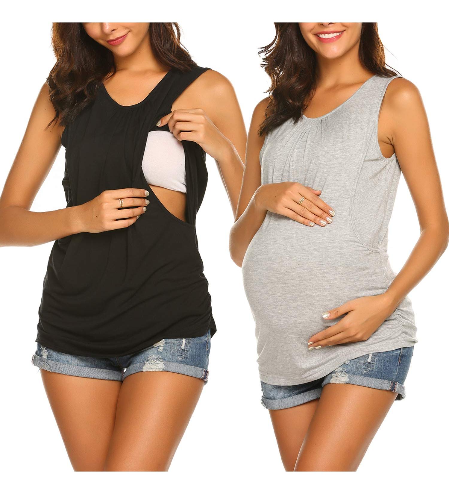 UNibelle Maternity Nursing Tank Top - Double Layer Sleeveless Pregnancy Shirt (2-Pack) - S-XXL - Black & Gray - Buy Online on GoSupps.com