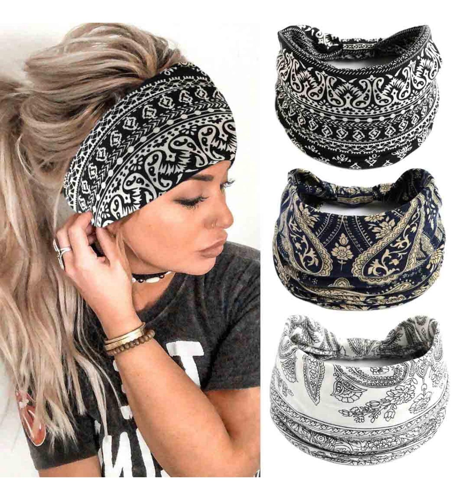 Buy Boho Wide Territops Black Flower Hairbands - Elastic Headscarves Knot Yoga Head Wraps for Women & Girls (3 Pack) | International Shipping Available - Buy Online on GoSupps.com