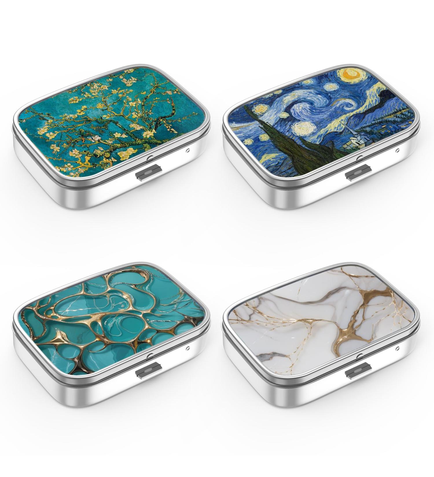 Portable Pill Box Organizer - 4-Piece Set (Van Gogh & Marble) | Unique Decorative Medicine & Vitamin Storage Gift - Buy Online on GoSupps.com