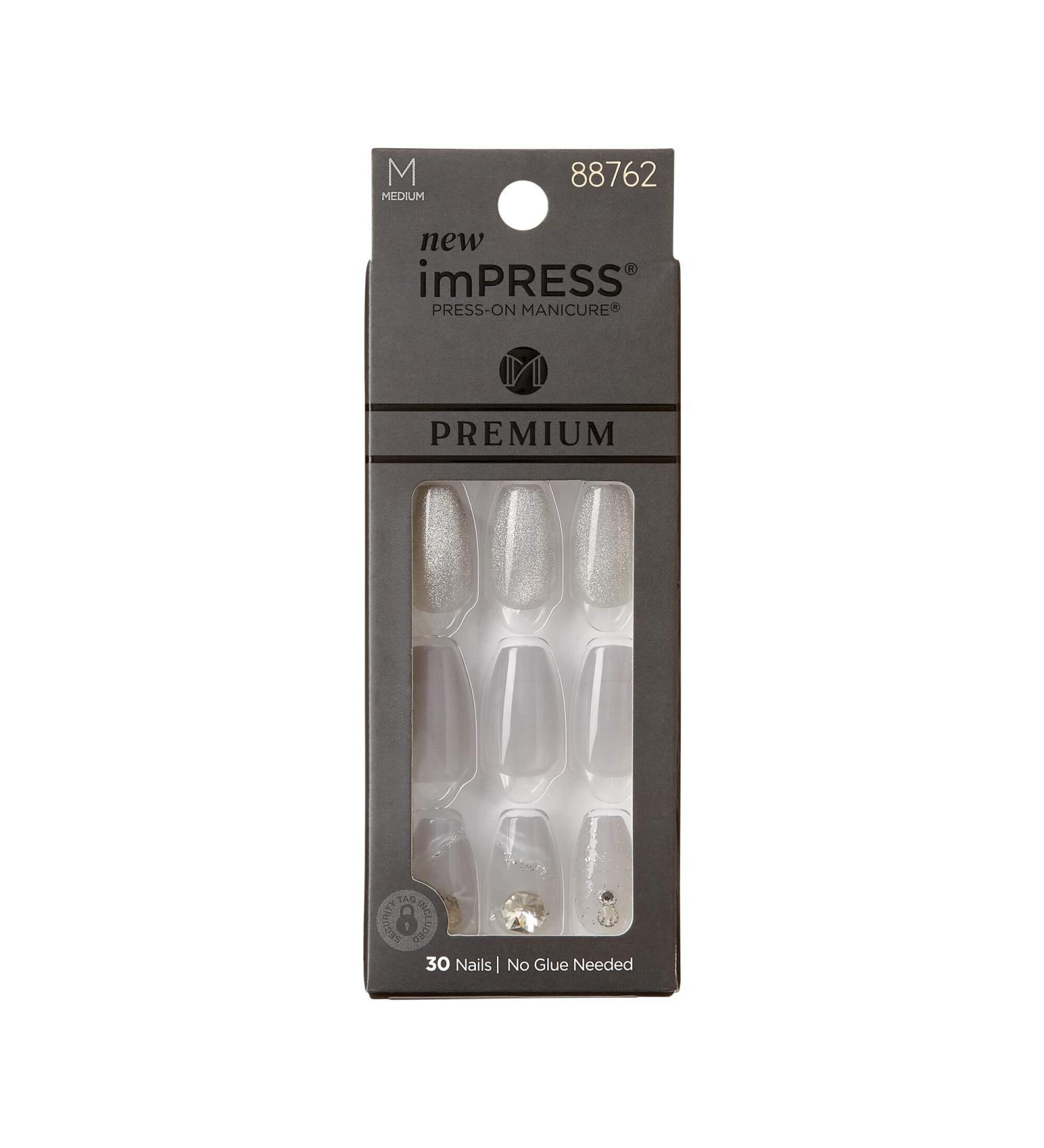 KISS imPRESS Press-On Manicure Premium Collection Fake Nails - Legacy Gray V-Cut Stone Medium & Ballerina/Coffin Shape - 30 Count - Buy Online on GoSupps.com