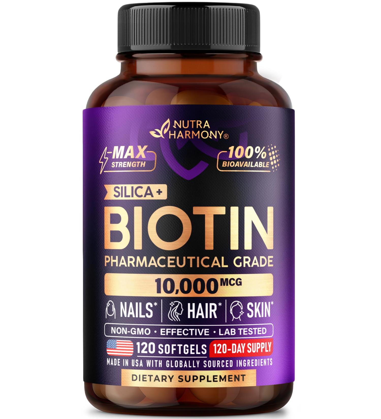 Biotin 10000mcg with Silicon - Pharmaceutical Grade Biotin Supplement for Women - Hair Growth Support Skin & Nails - Max Strength & 100% Bioavailability - Made in USA - 120 Softgels 120 Days Supply - Buy Online on GoSupps.com