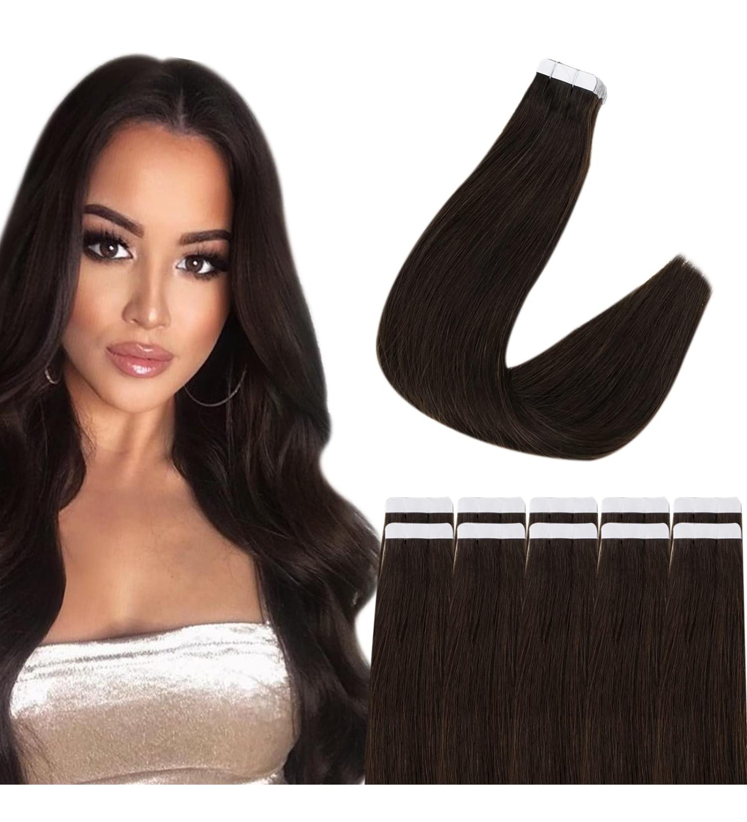 Runature 18 Inch Dark Brown Remy Real Hair Tape In Extensions - Virgin Human Hair - 45cm #2 - Buy Online on GoSupps.com