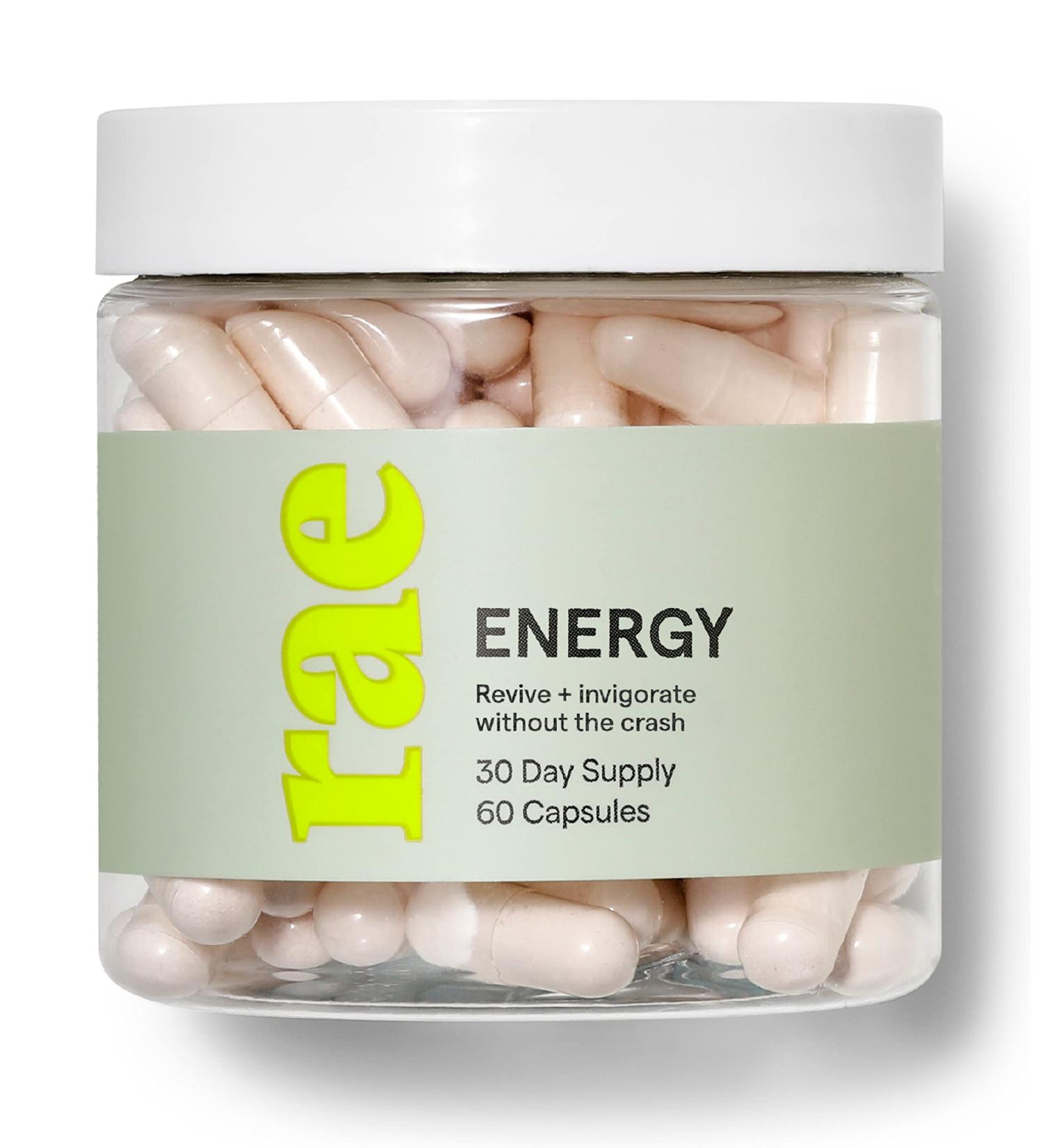 Rae Wellness Energy Capsules - Vitamin B12, Green Tea, L-Theanine - 60 Caps - Vegan, Non-GMO, Gluten-Free - Buy Online on GoSupps.com
