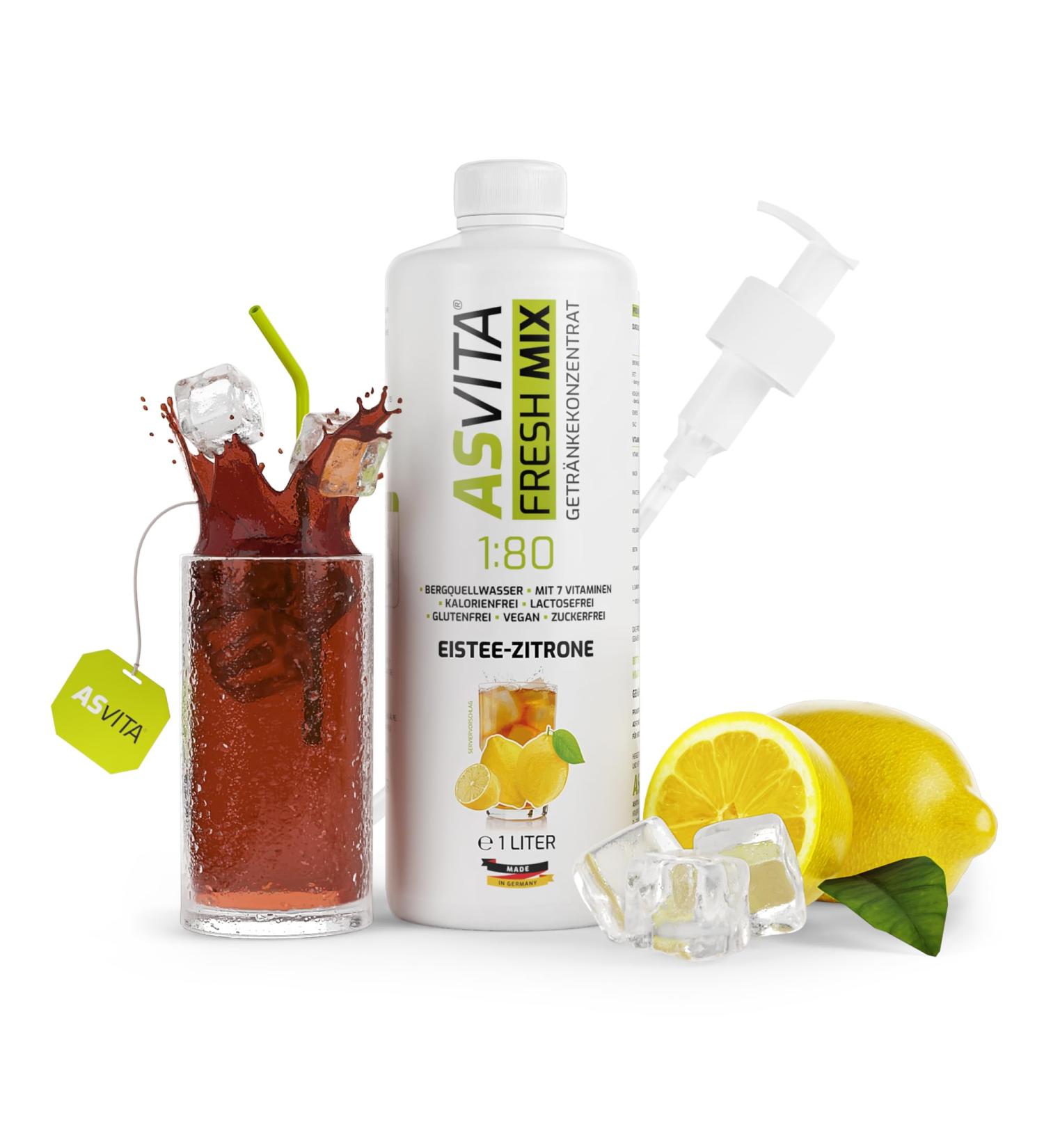 ASVITA Beverage Concentrate Fresh Mix 1:80 - 1L Bottle with Dosing Pump | Sugar-Free Drink Syrup | 26 Delicious Flavors (Iced Tea Lemon) - International Shipping - Buy Online on GoSupps.com