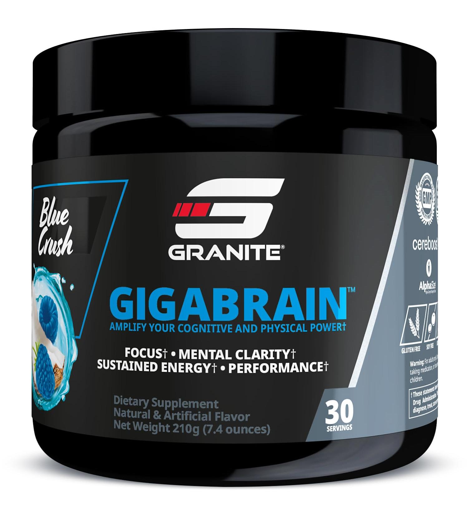 Granite Nutrition GigaBrain Nootropic Energy Powder Cereboost Alpha-GPC & ElevATP Cognitive Focus Supplement for Sustained Energy & Performance Blue Crush 30 Servings - Buy Online on GoSupps.com