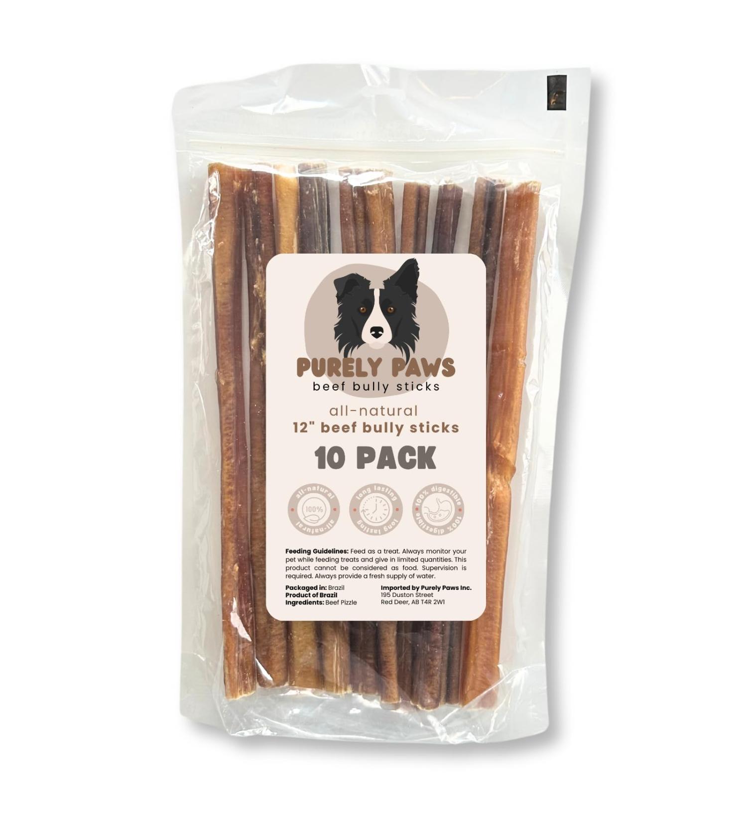 Purely Paws Premium All-Natural Beef Bully Sticks - Safe Digestible Dog Chews - Long-Lasting Low-Odour Rawhide Free (12" 10 Count) 12" (Pack of 10) - Buy Online on GoSupps.com