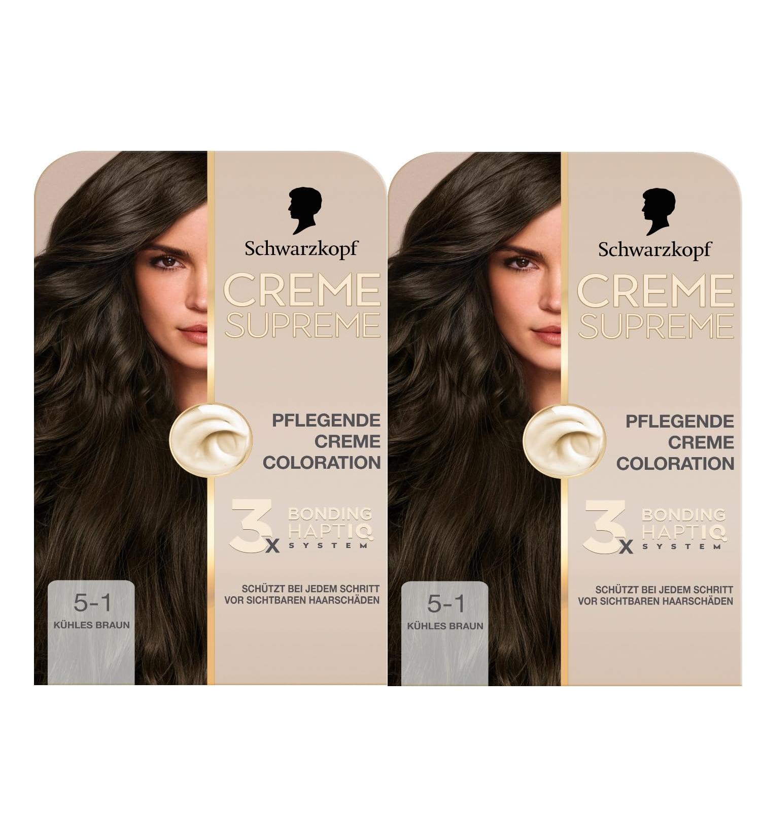  Schwarzkopf Creme Supreme Colour 5-1 Cool Brown (2 x 185 ml) permanent hair colour with serum and mask to protect against visible damage for 100% coverage - Buy Online on GoSupps.com