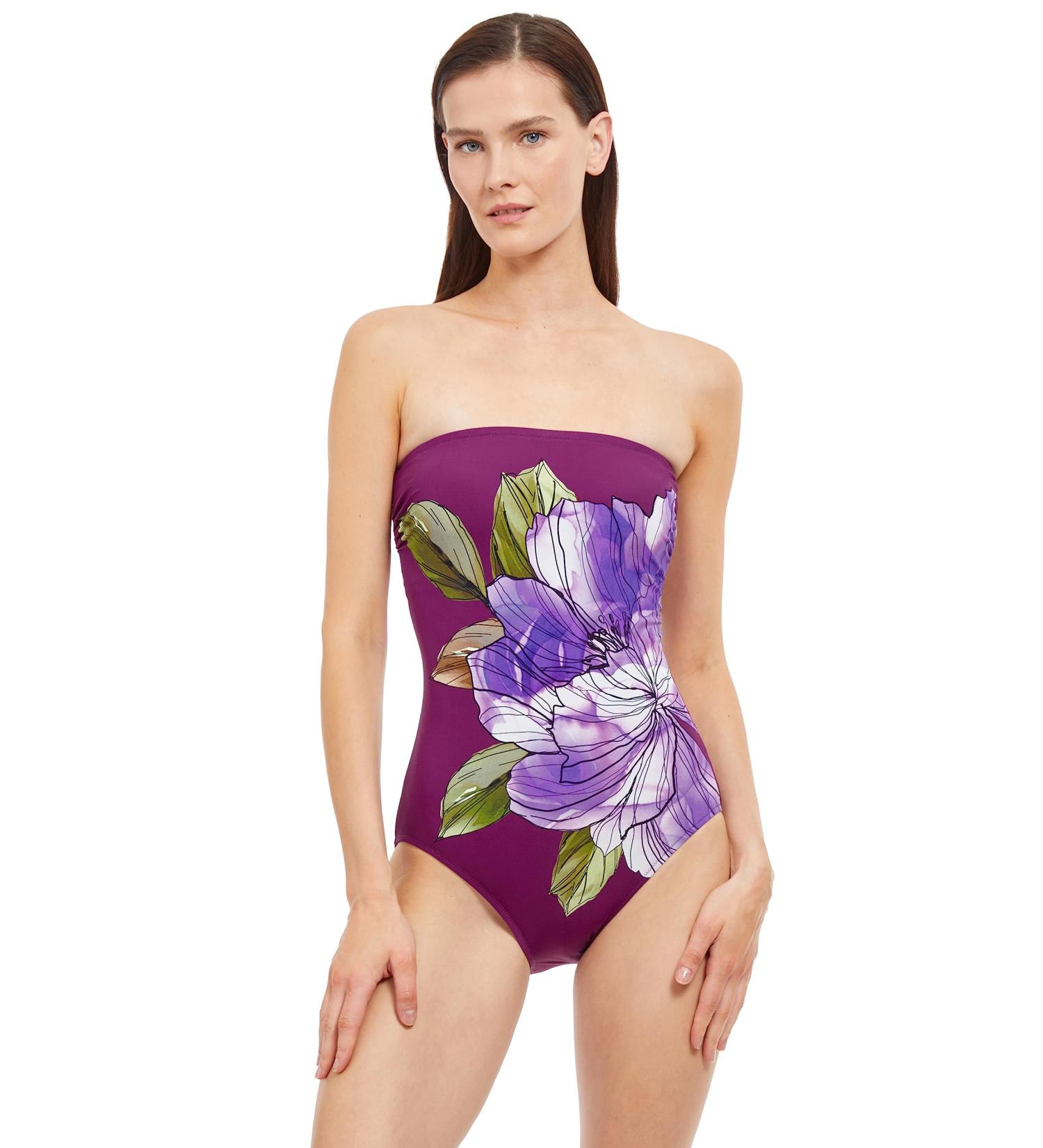 Gottex Women's Wild Flower Bandeau One Piece - Plum/Multicolor | Shop Internationally - Buy Online on GoSupps.com