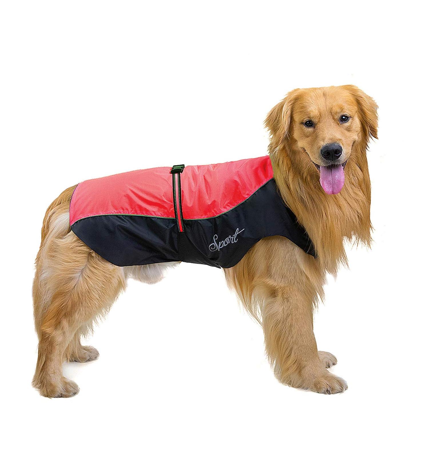 Ranphy Waterproof Dog Jacket for Medium & Large Dogs - Reflective Breathable Ultra-Light Rain Cover with Abdominal Protection | Red & Black 6XL (80cm Breast Size) - Buy Online on GoSupps.com