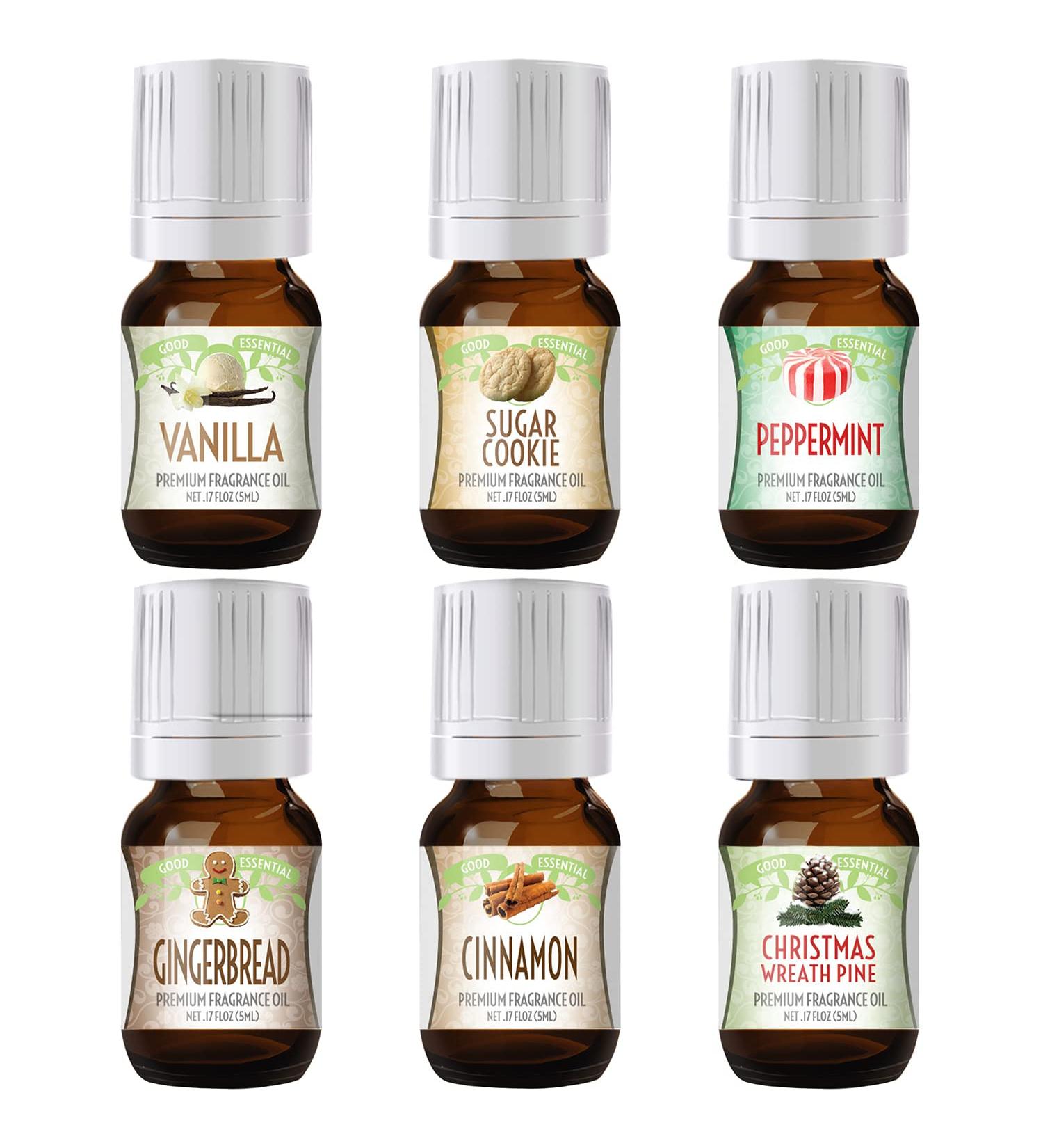 Winter Essential Oil Set: Christmas Wreath, Pine, Vanilla, Peppermint, Cinnamon, Sugar Cookie, Gingerbread - 6 Fragrance Oils by Good Essential Oils - Buy Online on GoSupps.com